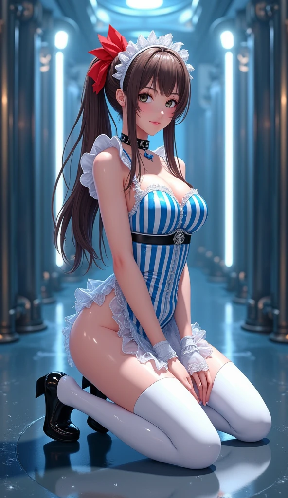 ((best quality)), ((masterpiece)), ((1girl)), solo, Ferry, ((long hair)), FerryBase, ((thighhighs)), bare shoulders, ((jewelry)), ((sleeveless)), white dress, blue skirt, ((gloves)), thigh-high, from behind. Big breasts and slender body