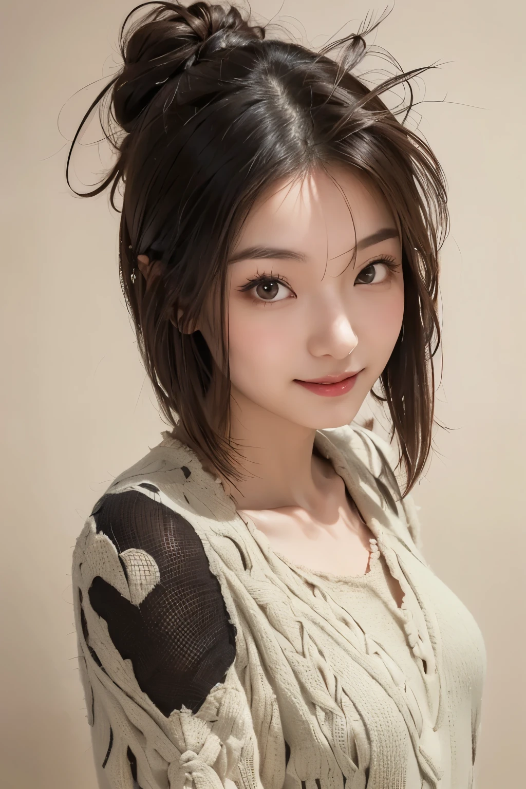 realistic,real,high image quality,Detailed,8K,1 woman,ときめきメモreal,Ayako Katagiri, Her dark brown hair、around the top knot with loose thread to create a、Surrounding my face 、surrounded by loose threads that flow softly in the breeze. ((big, long bangs flowing in a loose curve 2.0)),((Put your back hair together above your head 2.0)),Big eyes,Large mouth, points a finger at the viewers,A bright and energetic smile showing off her teeth and smiling