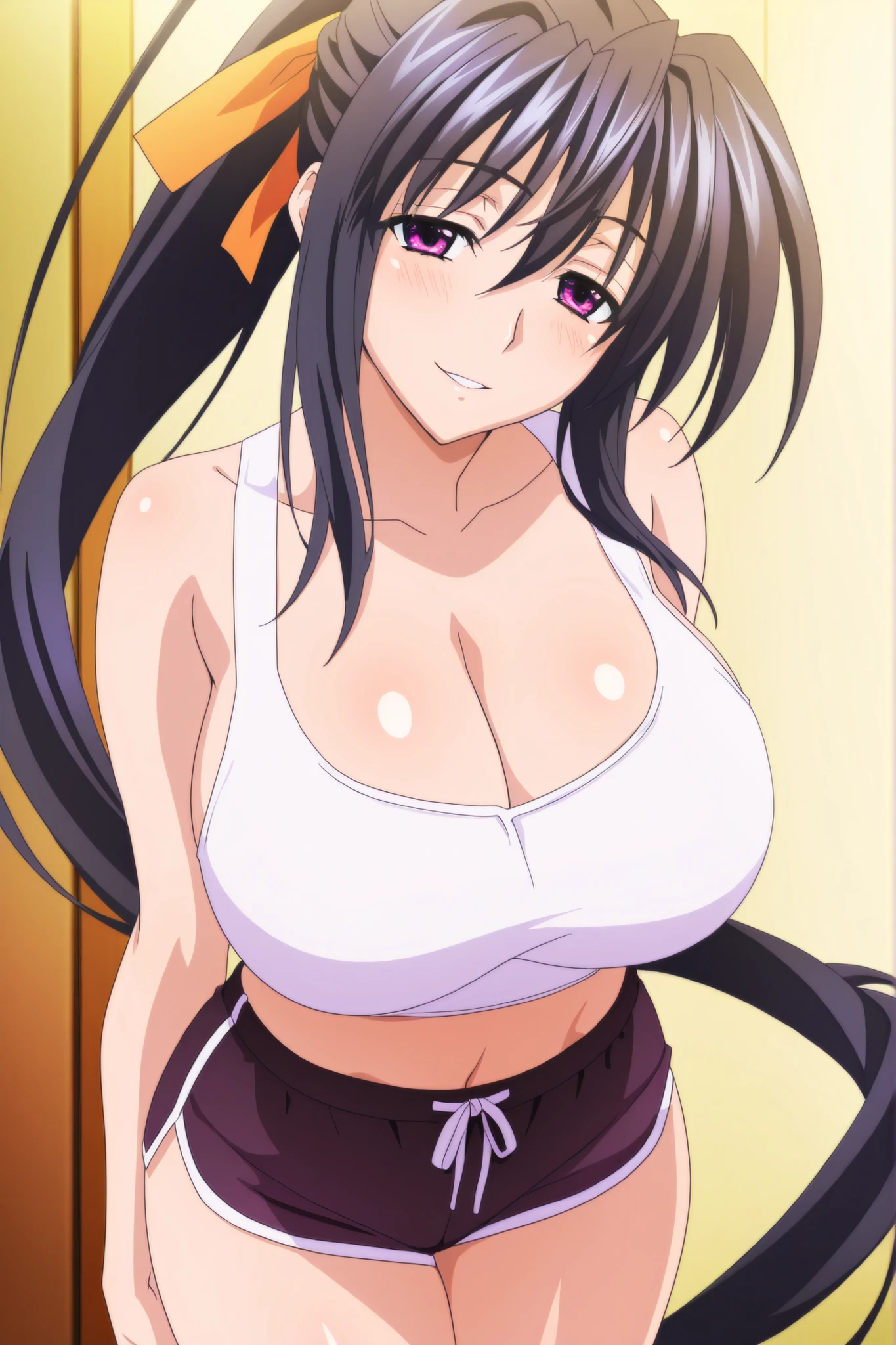 Best quality, masterpiece, himejima_akeno, a girl, long hair, solo, black hair, big breasts, very long hair, purple eyes, huge breasts, large breasts,purple eyes, anime coloring, anime screencap, seductive smile, standing, looking at viewer, cowboy shot, solo, white crop top, black dolphin shorts, ponytail, braids
