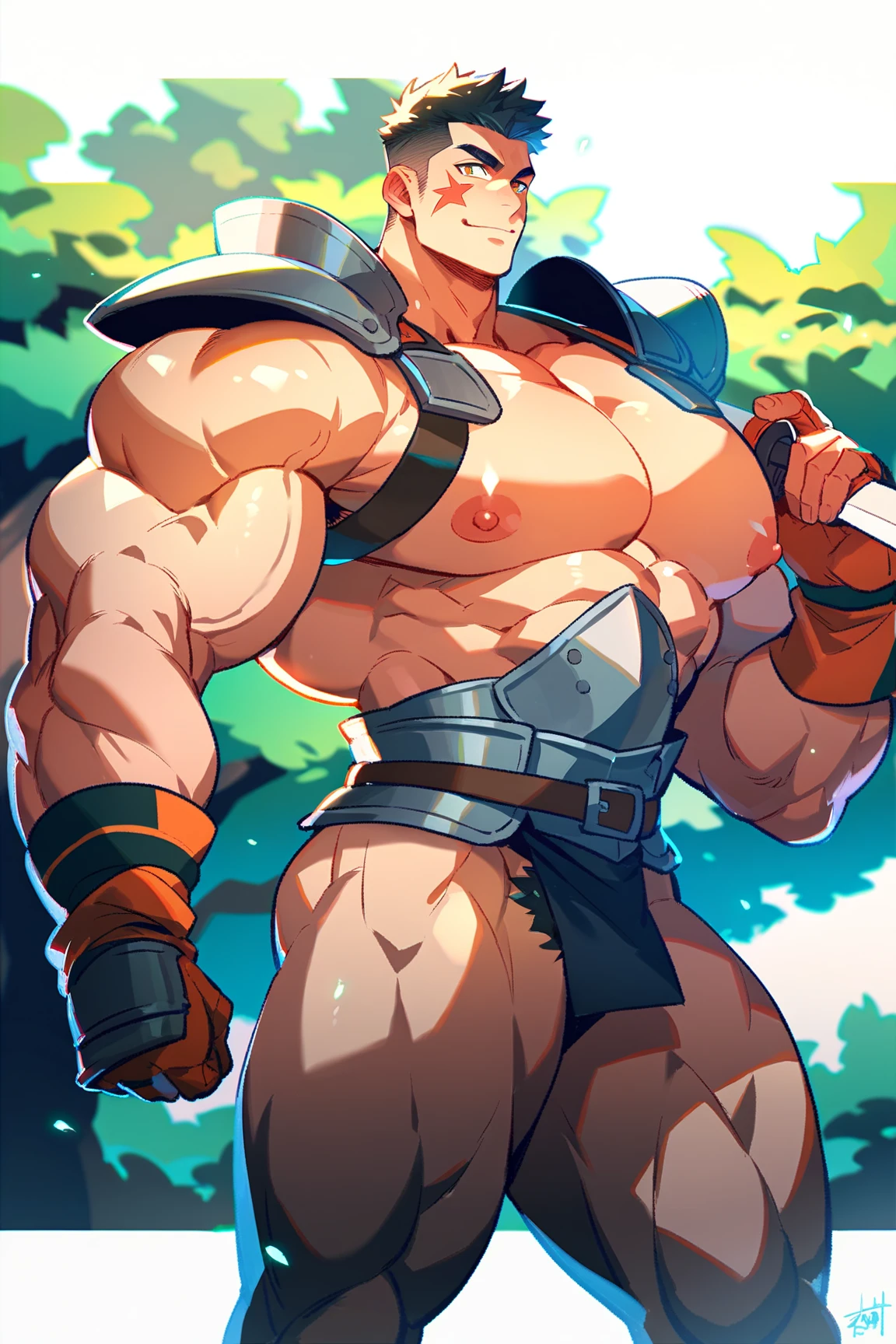 Showing off his muscular muscular back, red skin, bright red skin, the boy blushed shyly , rosy skin, shiny skin(muscular thigh muscles )( anime style, art) (photo angle from bottom up) (photo angle from the ground upwards) [Anime photo][highest quality photo][4k,HD photo quality ],  (muscular thigh muscles, firm thigh muscles, muscular thigh muscles, sinewy thigh muscles, giant thigh muscles, strong leg muscles, muscular hamstring leg muscles)(thigh), muscular, calloused, sinewy, giant) , Bennett(Genshin Impact),fun, happy, huge body, muscular and muscular, bodybuilder, bodybuilding, standing, lots of sweat flowing down, topless, shirtless, hot sunny, 8 pack abs , short hair , green eyes, Side View , Raise your arms high to reveal your armpits, Hands behind the head, cum, cumming, huge penis, huge erect penis slipping out of loincloth, large penis, long penis, showing his fully erect penis, cumming with erection, no clothes, torn clothes, holding hus own penis, masturbation, cum in penis, big penis, moaning, white hair, green eyes, cum leaking on penis, penis squirting cum