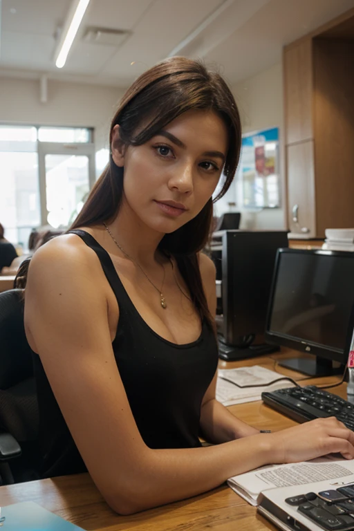 a photo of a beautiful woman, 30 years old, long beautiful hairs, dark brown hair, dark brown eyes, sitting at a table in a conference room, leaning back on her chair, full body, wearing white blouse with rolled up sleeves, wearing tight BLACK chino pants, the table is in the foreground, her legs are visible, the view is from 45 degrees from the side from the front, looking in the camera, red lipstic, natural light coomming from a window, there is a wann behind her, backgorund blurred, cinematic lighting, motion blur, film grain, very detailed, 30 years, dark brown eyes, high-res, masterpiece, best quality, intricate details, highly detailed, sharp focus, detailed skin, realistic skin texture, texture, detailed eyes, professional, 4k, 85mm, shallow depth of field, perfect fit body, extremely detailed, photo_\(ultra\), photorealistic, realistic, post-processing, maximum detail, roughness, real life, ultra realistic, photorealism, photography, 8k uhd, photography (grain of film) medium shot for closeup shot, longer slimer face, perfect face, HANDS ARE HIDDEN, natural legs, wearing tights, natural arms, middle size breast, charming deep eyes, flirty look. hands are hidden