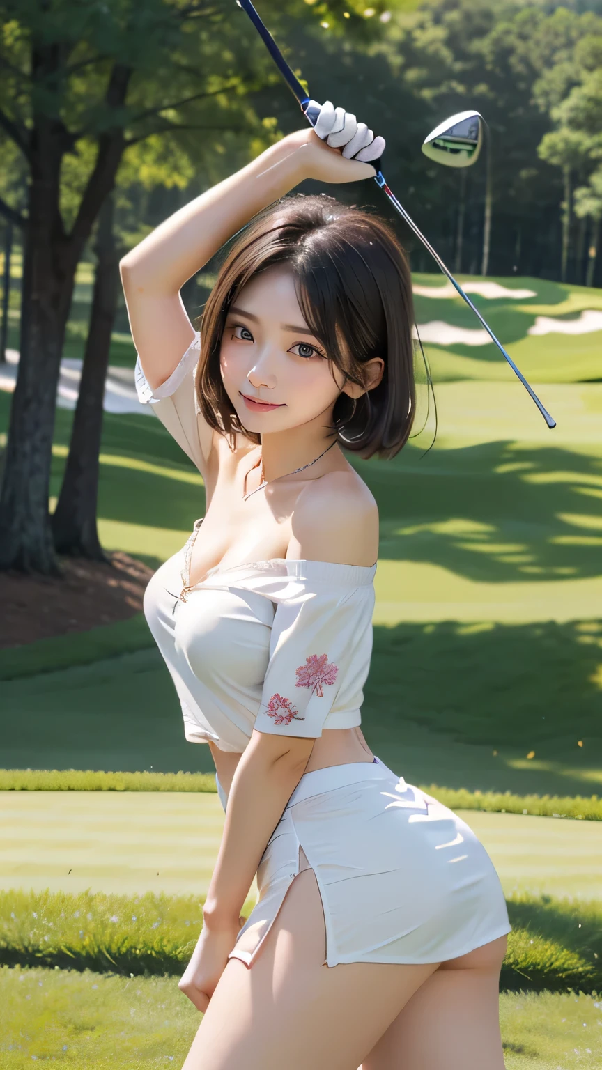 8k, Ultra-high resolution, Highest quality, masterpiece, 三分割法によるphotograph,Surreal, photograph, 1 girl, (:1.3), pretty girl, Cute Face, Beautiful eyes in every detail, 細かくdetailedに,masterpiece,, One Girl:1.2, Japanese high school girls,cowboy shot,smile,Black hair,Bowl cut, Natural skin texture,((very small head:1.3)),Gorgeous eyes,smile,((Toned body,Slender body,skinny)),(Golf Wear:1.5),(Golf course:1.5),Pencil Skirt,Knee socks,Sensual,(Tight waist:1.4)、(Beautiful girl with perfect body proportions:1.4),Red lips,(choker:1.4),Thin lips,屈託のないsmile,Heal the heart,Please close your mouth and laugh、(((Ideal body type))),A-cup small breasts :2,、Portraiture:2,Looking at the audience,Perfect Anatomy,鮮明なdetailed,detailed,Surreal,Light and shadow,sunbeam
