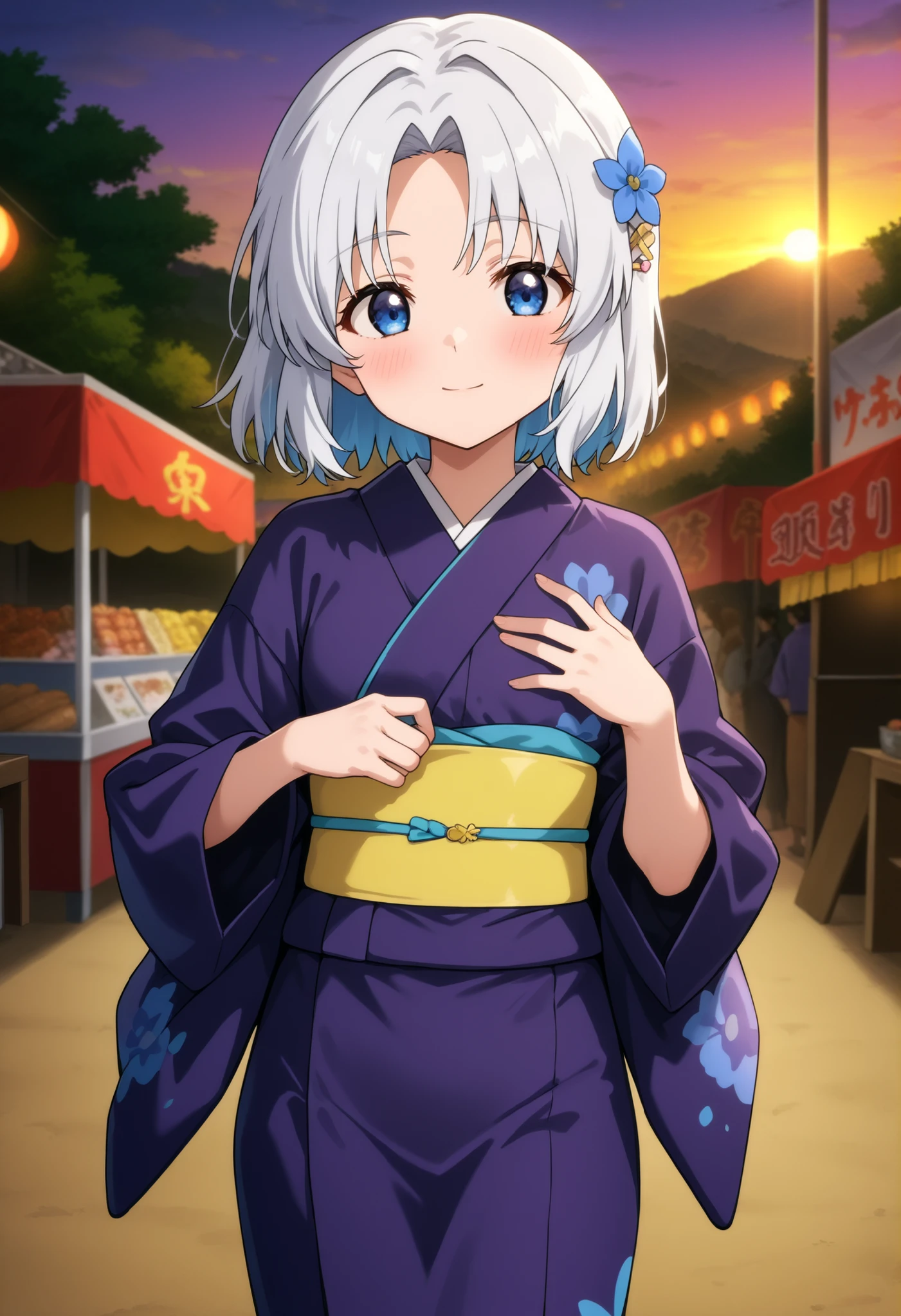 higurashikira, anime screencap, anime coloring, cowboy shot,
1girl, solo, daughter, aged down, short female, toned female, white hair, short hair, parted bangs, blue eyes, small breasts,
dark purple kimono, yellow obi, blue flower hairpin,
looking at viewer, expressionless, smile, hand on chest, blush, standing,
outdoors, festival, market stall, sunset, sunlight,
(masterpiece, best quality, absurdres, highres, newest, very awa, year 2024:1.2)