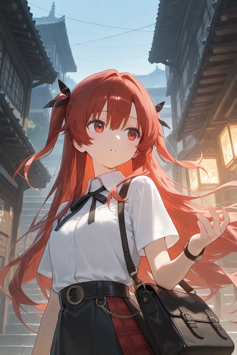 masterpiece, best quality, high quality, detailed, ultra detailed, hyper detailed, insanely detailed, exquisite, beautiful, city, woman, samurai, cheerful, grinning, on all fours, looking at viewer, very long hair, red hair, red eyes, tall, slender, glamorous, underwear, in the bedroom, in the morning, cel anime, upper body, from front, from below, golden ratio, golden triangle, framing composition