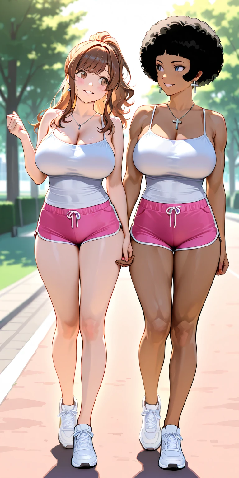 ((high res)), (Masterpiece), perfect anatomy, perfect shading, field of depth, (best quality), extremely delicate and beautiful, perfect lighting, detailed face, ultra cute face, cute, (cowboy shot 1.2), full body, (((2girls))), ((2 girls 1 and 2))
Girl 1: has long hair, fluffy hair, blonde hair, blue eyes, (blush), embarrassed, (sports bra 1.2), (sport shorts 1.2), extremely tight clothes, medium breasts, cleavage, perky breasts, ((wide hips)), (thick thighs), (chubby), pudgy belly, fat rolls, belly hang, sweaty, out of breath,
Girl 2: has short hair, fluffy hair, brown hair, green eyes, pale skin, (blush), (sports bra 1.2), (leggings 1.2), extremely tight clothes, medium breasts, cleavage, perky breasts, (((wide hips))), ((thick thighs)), (plump), chubby belly, fat rolls, belly hang, she has a jiggly belly,
dock, outside, intricate background, detailed background, girls are standing next to each other, holding ice cream,