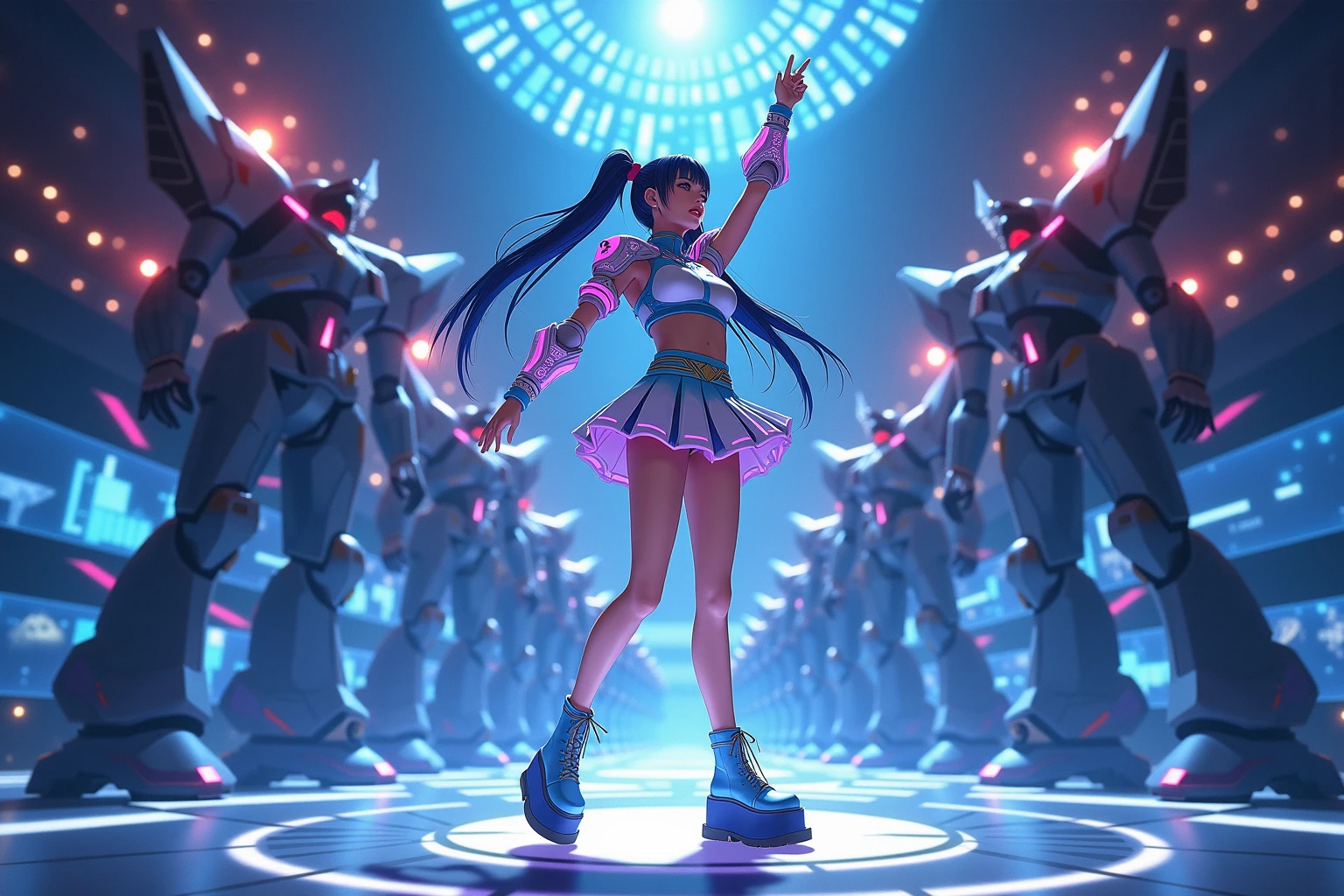 top quality, future world, State-of-the-art robot, Beautiful Woman, dancer, hot environment, flying hair, Transformed into a cyborg except for the face, sexy images, whole body photo, (((dancer, dancing on the round table, flashing light, turning on round table, concentration, apart the legs, twist the body)))