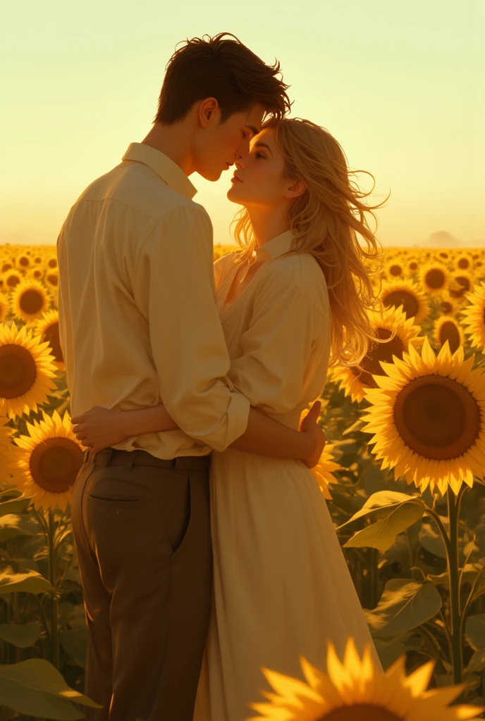 Generate a high-resolution image depicting a tall man, approximately 185 centimeters in height, tenderly embracing a woman who is about 160 centimeters tall. They stand amidst a vast field of vibrant sunflowers, with the golden hues of a picturesque sunset casting warm, soft light upon them. The scene should capture every intricate detail, from the texture of the sunflowers' petals to the expressions of joy and love on the faces of the man and woman. The realism and emotional depth of this image should be impeccable.
