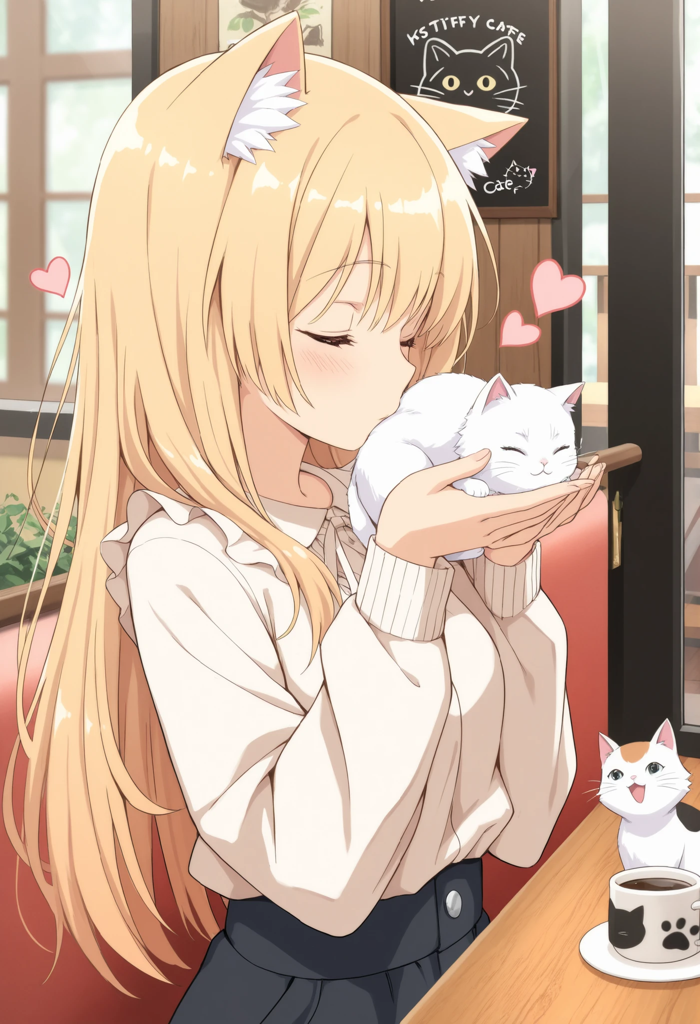 Masterpiece,Best quality, ultra detailed,Japanese Anime style, Woman, kittens, solo, blonde, long hair, Casual suit,, , eyes closed, pleasure, cat cafe interior, cat play area, lots of fluffy kittens, kittens gathered around woman, heart symbols floating around,