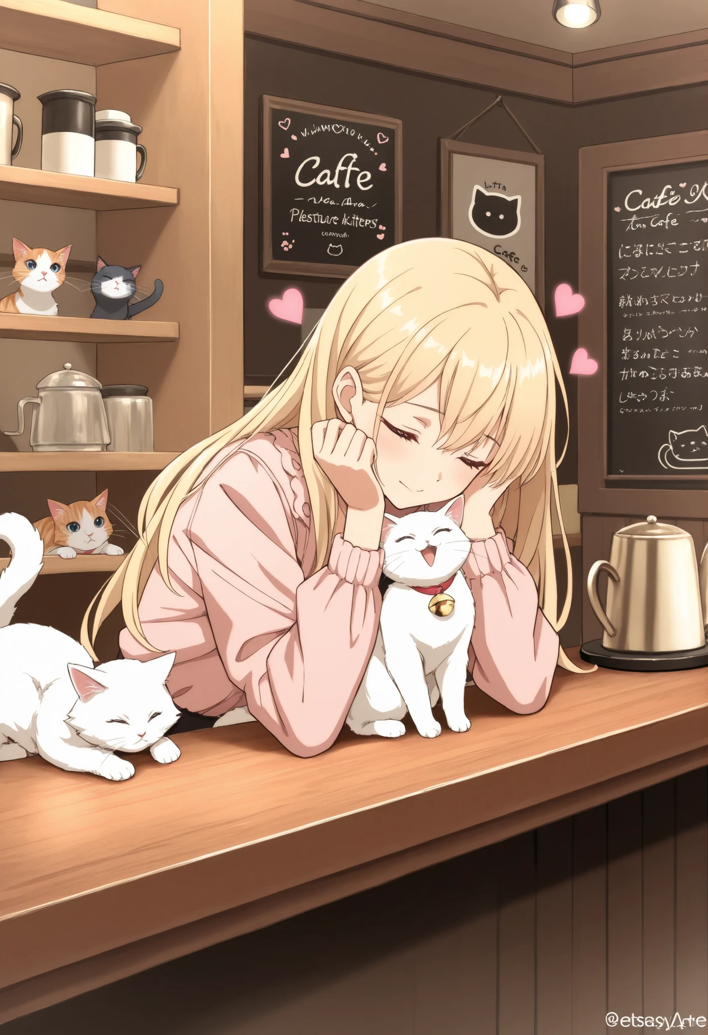 Masterpiece,Best quality, ultra detailed,Japanese Anime style, Woman, kittens, solo, blonde, long hair, Casual suit,, ecstasy, eyes closed, pleasure, cat cafe interior, cat play area, lots of fluffy kittens, kittens gathered around woman, heart symbols floating around,