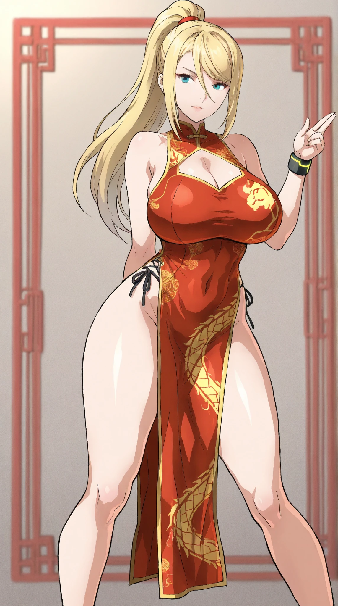 score_9, score_8_up, score_7_up, source_anime, solo, 1girl, attack kn titan, annie leonhart, smug, sinister smug expression, evil, looking at viewer, arms behind back, blonde hair, hair over one eye, blue eyes, red gown, short sleeves, latex suit, humongous breasts, large breasts, massive breasts, boob window, bare breasts, naked breasts, Chinese dress, wearing Chinese dress, exposed thighs 