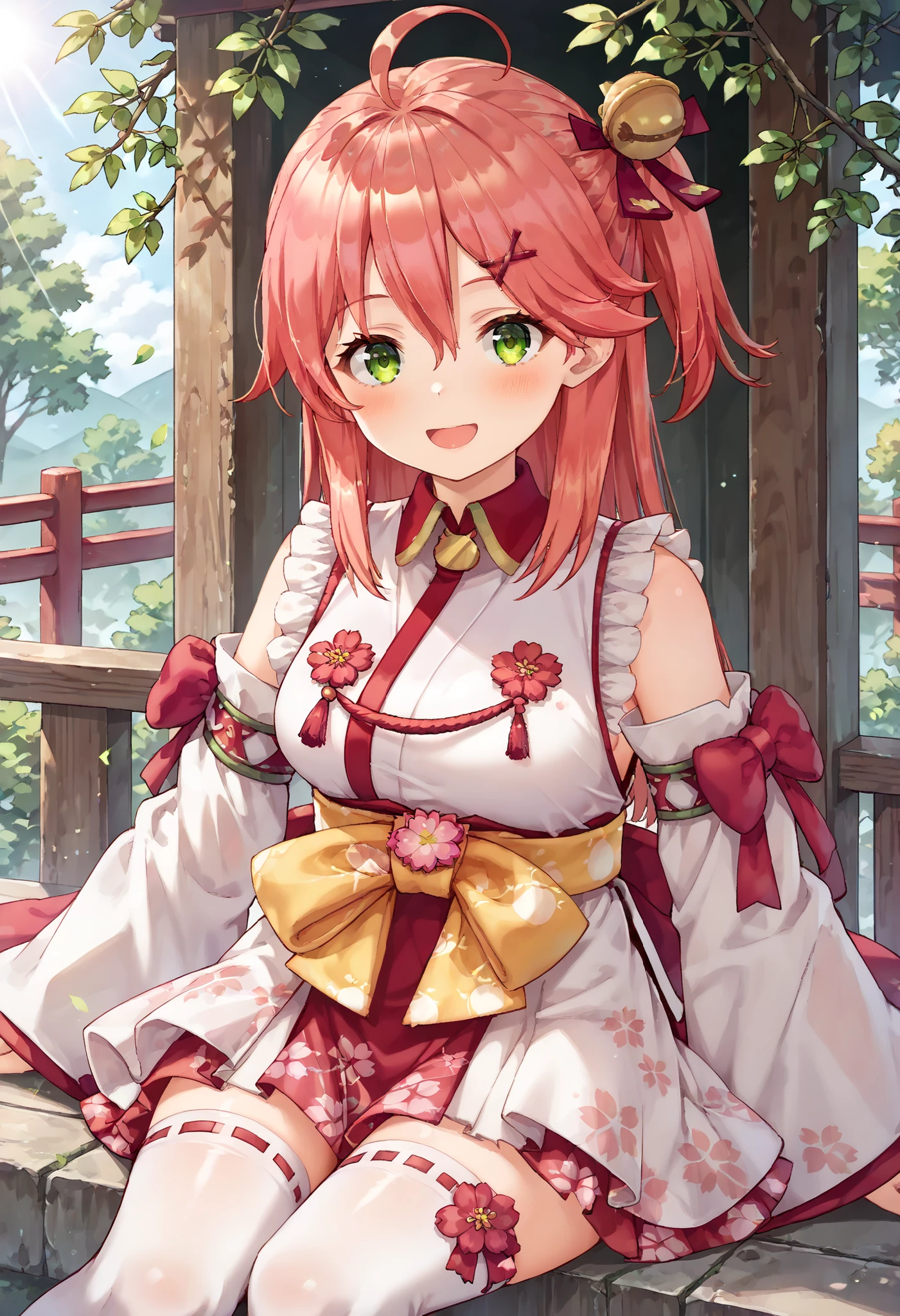 masterpiece, best quality, highres, miko1, sakura_miko, young__1girl, large_breasts, solo, ahoge, x_hair_ornament, light_red_hair,blush, floral print, hairclip,(side_less_clothes:1.5), side_breasts, hair_bell, floral print, long_hair, hair between eyes, one side up, white thighhighs, asymmetrical legwear, wide sleeves, light_open_small_mouth,happy,large_green_eyes,smile,(overly_long_sleeves:1.3),),sleeves_past_wrists,hands_hidden_sleeves,sidelock_clothes,solo,hidden_wrists,sunlight,cherryblossom_temple_landscape_background,rise_arms,raise_arms,dynamic_sitting ,EyeDetailerXL,sunlight,looking_at_viewer,