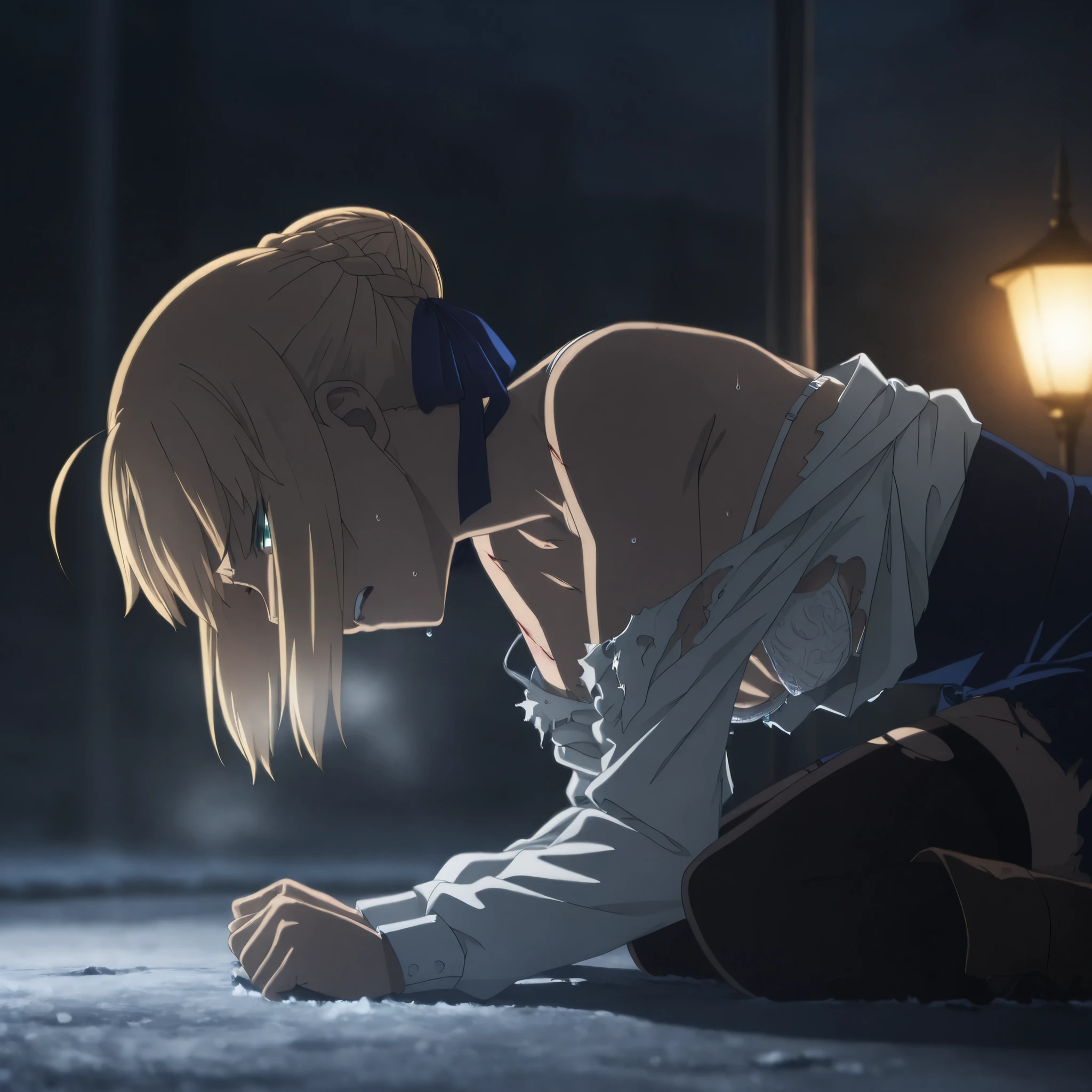 masterpiece, best quality, amazing quality, highres, absurdres, very aesthetic, high resolution, ultra detailed, perfect details, solo, evening, outdoors, ufotable style, (residential street, , snow,), (lamp, blue hour), from side, (stomped girl:1.5),,
1girl, ufotable style, anime style, (anime coloring:1.5), (anime screencap:1.2) ,on side, , hands on ground,((wince, frown, furrowed brow)),(wound:1.5),((facing down)),
girl, mature, slim body, slender body, ,artoria pendragon (fate), saber (fate), blonde hair, green eyes, half-closed eyes, ahoge, hair ribbon, blue ribbon, french braid, braided bun, single hair bun, short hair, sidelocks ,(heavy breath),screaming, light sweaty skin, (show off nipple), undress white shirt, off shoulder, nipple slip, undress white bra pull, long boots, black stockings, , ((torn clothing)), (small breast, ), (looking down), ,