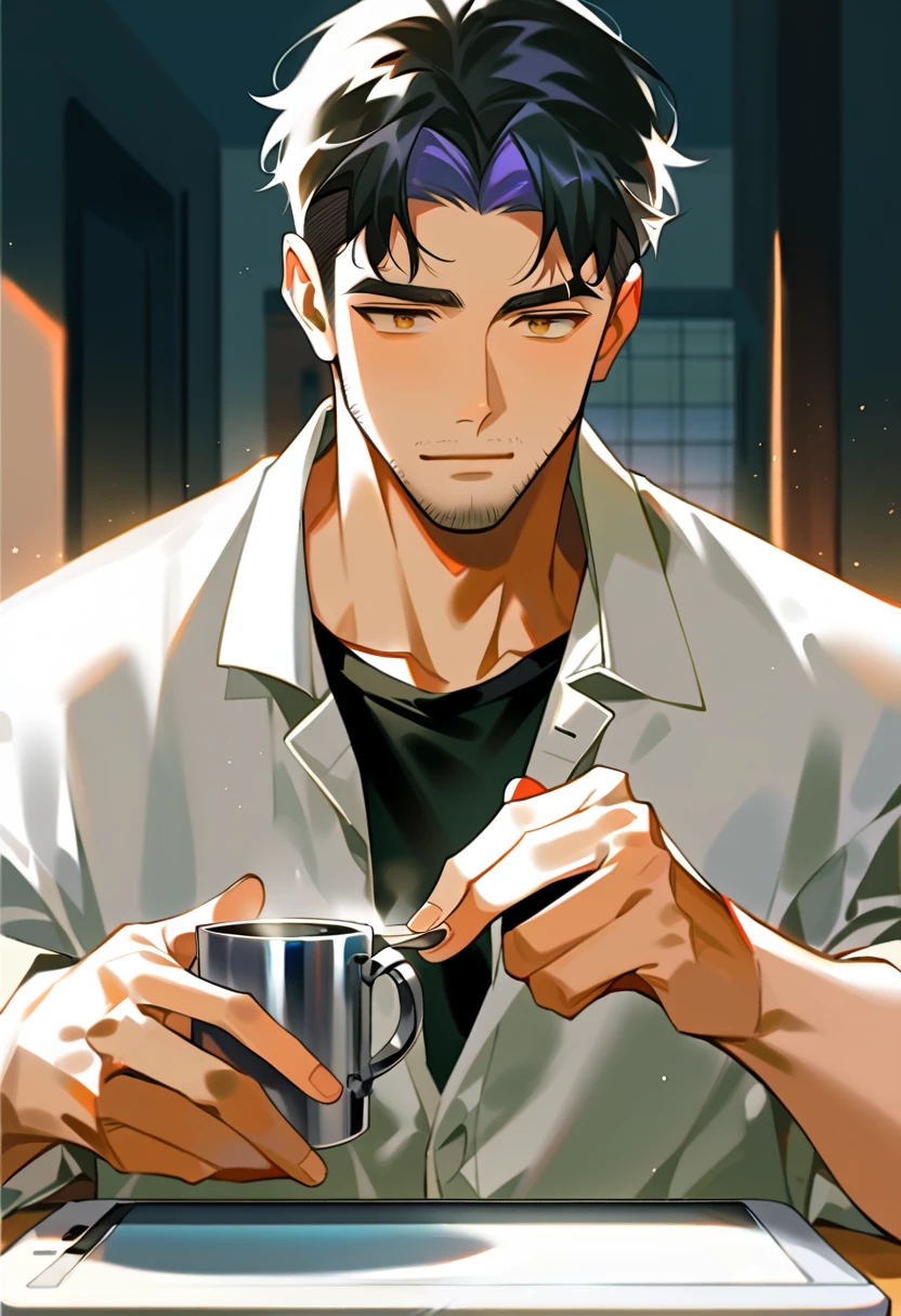 A casually stylish man with black short hair featuring gray inner highlights, slightly messy like he just got up. His eyebrows are sharp, but his expression is relaxed. Stubble around the chin, hinting at a less polished daily routine. Dressed in a slightly wrinkled black shirt over a white tee, loosely buttoned. He has a coffee mug in one hand, a tablet in the other. Background: a cozy cluttered home studio. Despite his look, his eyes are focused and sharp.