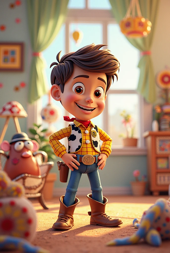 Realistic full body portrait of a child standing wearing a soft Toy Story Woody costume
