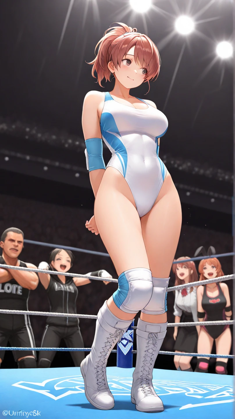 full body photographed、masterpiece、top-quality、hight resolution、blondehair、is standing、weak、white high leg cut swimsuit,White competitive swimsuit、white sporty boots、distressed face、Sweaty skin、Professional wrestling venues、professional wrestling、tiny chest、((professional wrestling))、((tiny chest:1.1))、Red face、((is standing:1.2))