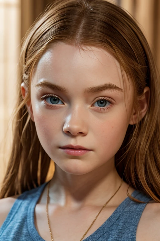 Sadie Sink, mejor calidad, obra maestra, super high res, Super model, retrato de pecho, Small bust, Dynamic fashion pose, (realismo: 1.8), Foto Original, 1girl, hombro desnudo, En la oscuridad, sombra profunda, discreto, cool light, rubia, ojos azules