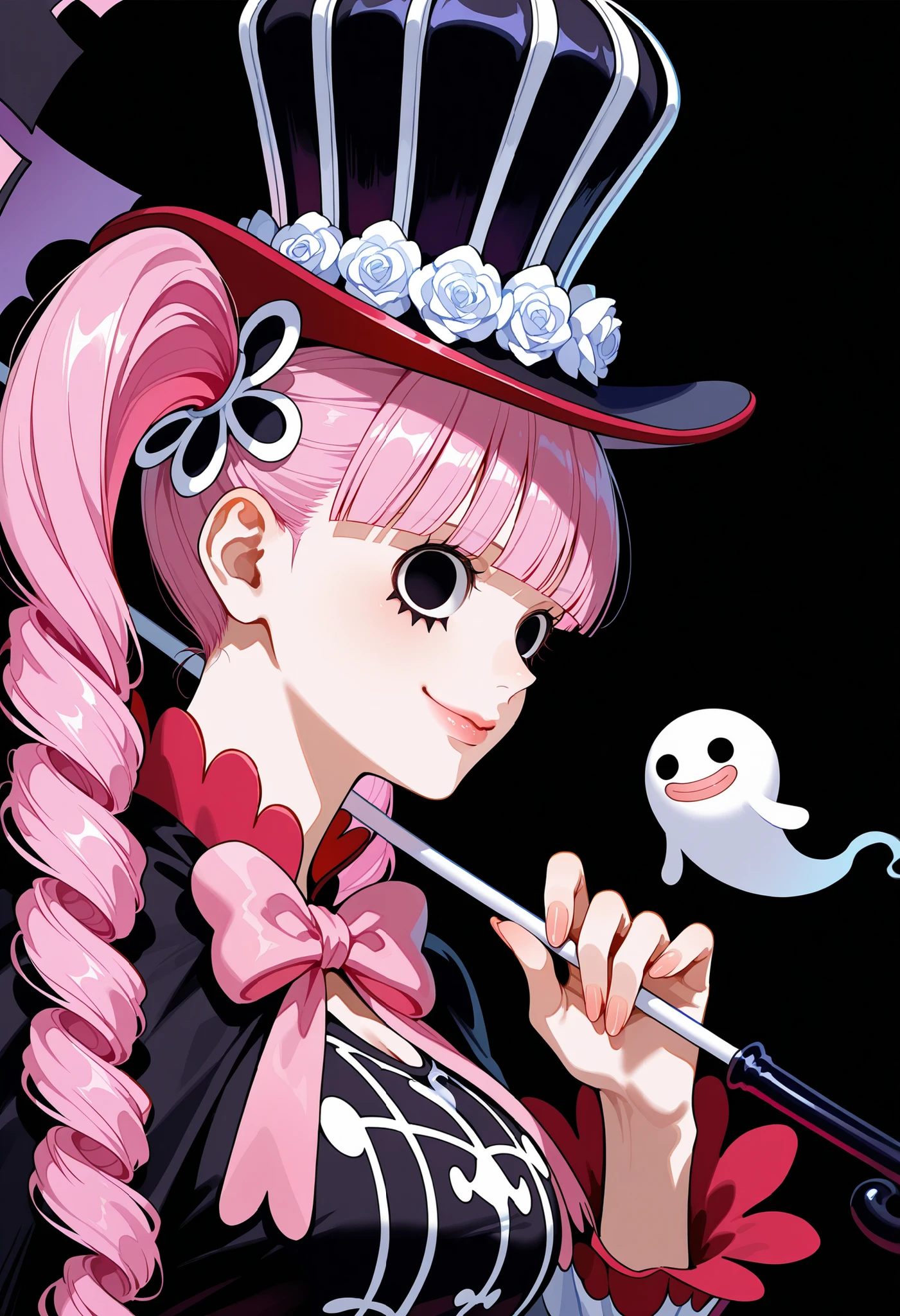 masterpiece, accurate, top quality, high resolution model, high detail, beautiful detail, high resolution, 32K, realistic Rendering, Ultra Realistic Detail, (((Black background))), perfect body, ((five fingers)), (Anatomically correct), thin body, Stylistically diverse, digital illustration, close up shot : 1.6, one piece ghost princess perona, ghost and sakura aura, ((black Perona eyes)), holding a cute umbrella, black pink gothic outfit, hair tied into two curly pigtails with black and white flower hairpins, perfect body shape, wearing black top hat with ribbon, masterpieces, light make up, ghost effect, ultra sharp, many white ghosts flying around with a sweet smile, ((The background is the dark palace in the middle of the night)),