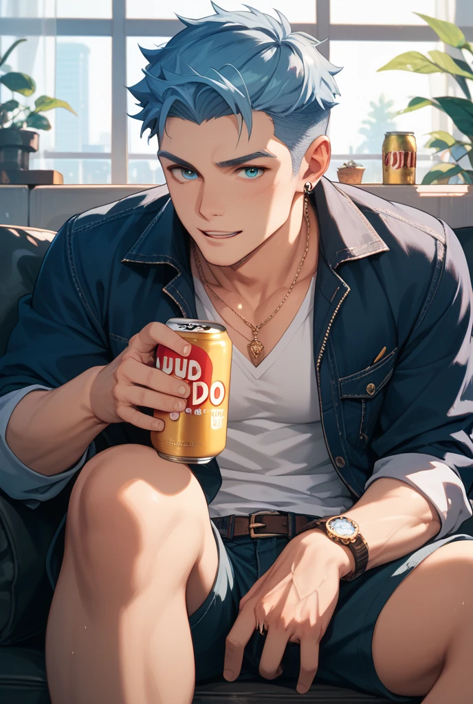 hiiro, hiiro amagi, blue eyes, red hair, short hair, black shirt, black pants, smile, 1boy, solo, Volumetric Lighting, Best Shadows, Shallow Depth of Field, Portrait Of Stunningly Beautiful boy, (male focus), Delicate Beautiful Attractive Face With Alluring blue Eyes, Messy Painted Face, Sharp Eyebrows, Broadly Smiling, Open Mouth, Fangs Out, Blush Eyeshadow, Thick Eyelashes, Applejack Hat, Oversized Pop Jacket, Mini Underboob Tee, Open Navel, Slim Waist, Denim Jeans Pants, With Buckle Belt, In The Graffiti Alley, Waste Container, Outside Stairs, Outdoor Unit, Holding Spray Paint Can, Standing, (Highest Quality, Amazing Details:1.25), (Solo:1.3), Brilliant Colorful Paintings