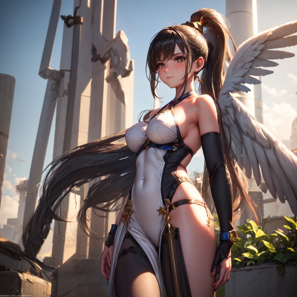 ((nsfw)),(gigantic breast:1)),(masterpiece, best quality),((high resolution 4k)), 1lady, solo, wings, black long hair, loose waves,pony tails, red eyes,wet body,water drops on her body,full naked,private parts exposed,no clothes,squatting pose,sitting on butt view,in the city,cyberpunk city,night time,night lights