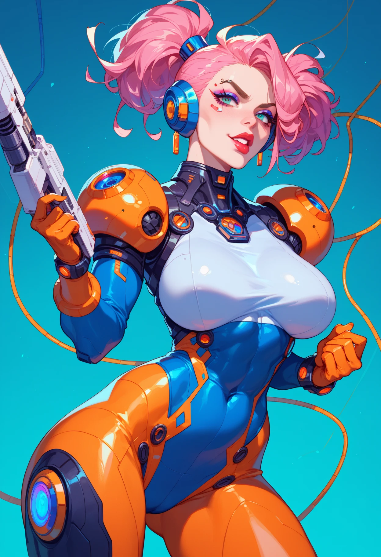 complete body shot,retro futuristic flat background,masterpiece, best quality, 1girl, solo, retro futuristic cyborgwoman, seamlessly blending mechanics and elegance. fit, small breasts, blueish skin, with magenta hair, gun firing pose, form fitting pastel green and pink with black colorblocking gundam suit-like-armor,kitty_ear headpiece, happy, wild punky hair, humanoid face with bigger eyes and some cyberparts holding a retro futuristoc space-gun, plain background, dark colors, Anime, Cartoon, Comic Book, Concept Art