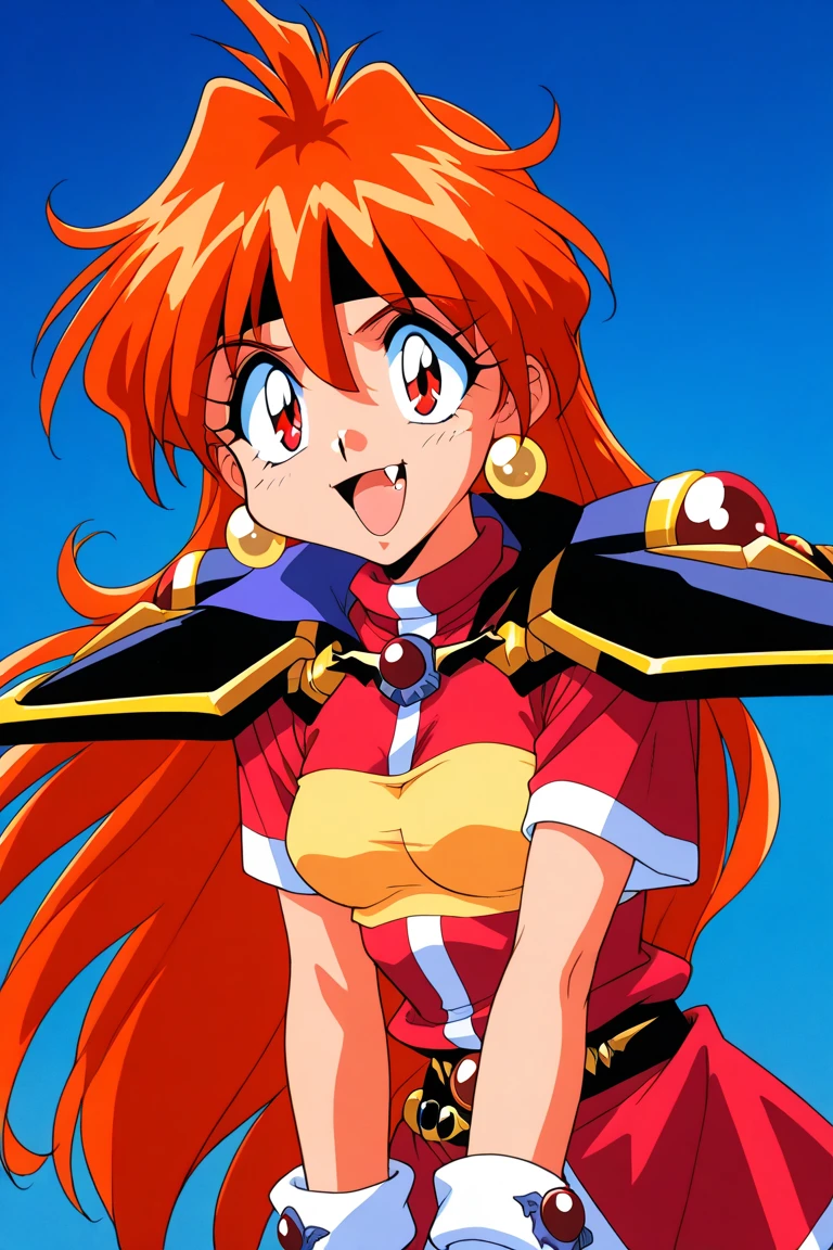 "(masterpiece:1.1), best quality, 
1girl, (traditional media 80s:1.4), (eyelashes:1.5), (loli:1.2), 
(intricate high detailed body:1.2), 
(red hair:1.1), (hair between eyes:1.1), (long hair, wavy hair:1.1), (flower brooch, hair ornament:1.1), 
brown eyes, 
(curvy body:1.1), (huge breasts:1.1), 
(expressionless:1.2), open mouth, 
(strapless bikini armor:1.2), (knight armor, armored boots:1.2), 
(accessories:1.1), gauntlets, 
standing, (dynamic pose, action pose, leaning forward:1.2),
(upper body, cowboy shot, looking at viewer:1.1),
(daytime, grassland, outdoors:1.1)"