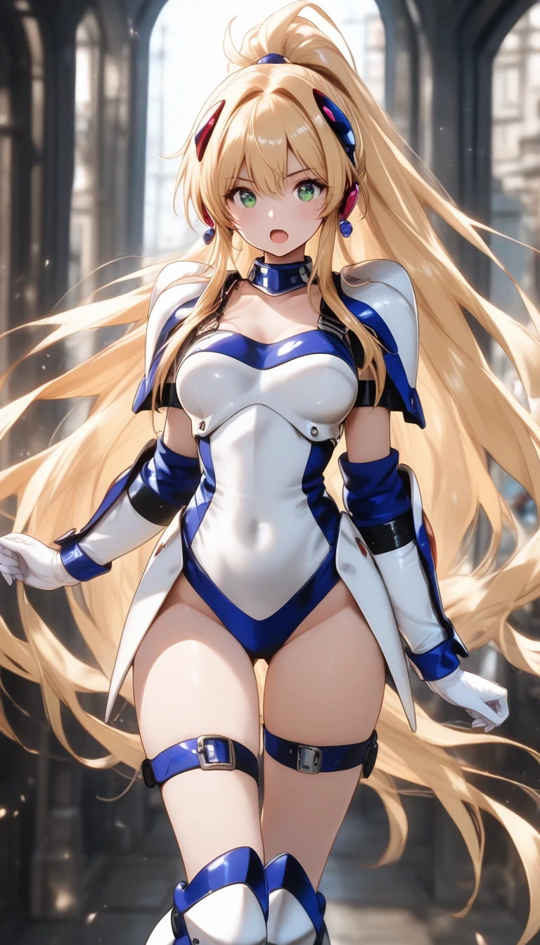 Eyes, 1 girl, alone, blonde hair, armor, long hair, straight hair, Thighhighs, boots, dress, yellow eyes, thigh boots, blue long boots, blue shoes, covered navel, breastplate, shoulder armor, gloves, white dress,perfect body,(Lie:1.3)