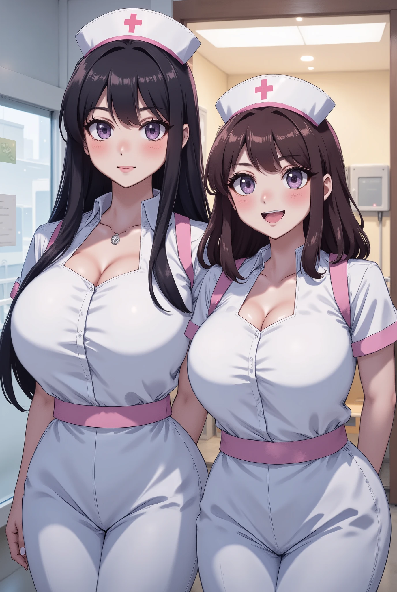 In a dimly lit hospital room, a sultry young female nurse stands out against the somber backdrop. Dressed in lacy lingerie, thigh-high stockings, and a nurse's cap, she exudes seductive mystery. Soft, warm glow illuminates her low-cut pink top showcasing ample cleavage, while white gloves add sophistication. Her gaze invites the viewer to step into her world. Ornate medical equipment and eerie shadows hint at gothic horror elements in the background. The nurse's cap and white gloves nod to darker undertones, balancing provocative themes with elegance.
