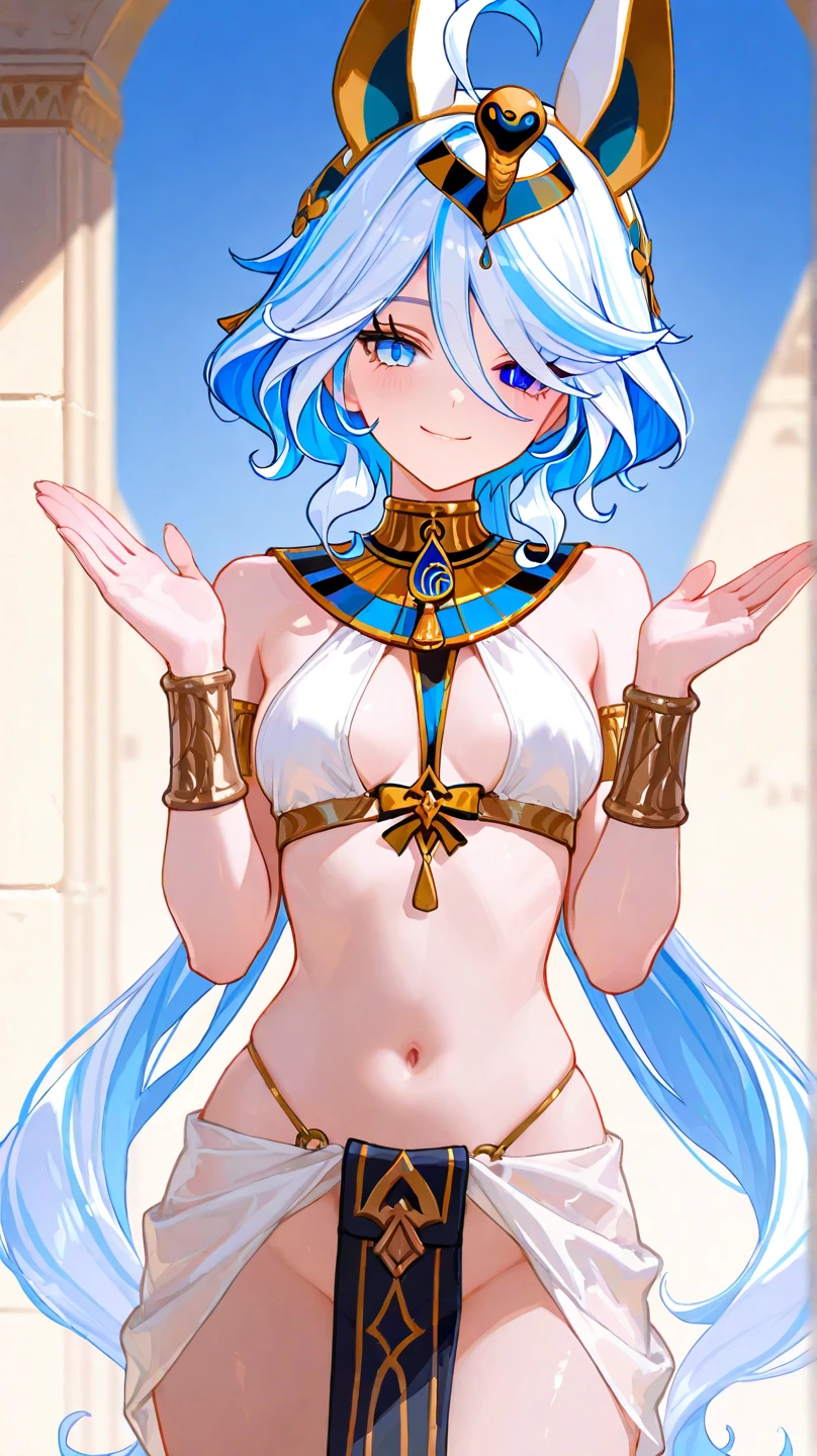 (masterpiece, best quality), 1girl, Powder blue Textured Quiff with Low Fade, Size A breasts, <lora:EgyptianClothes:1> egyptian clothes