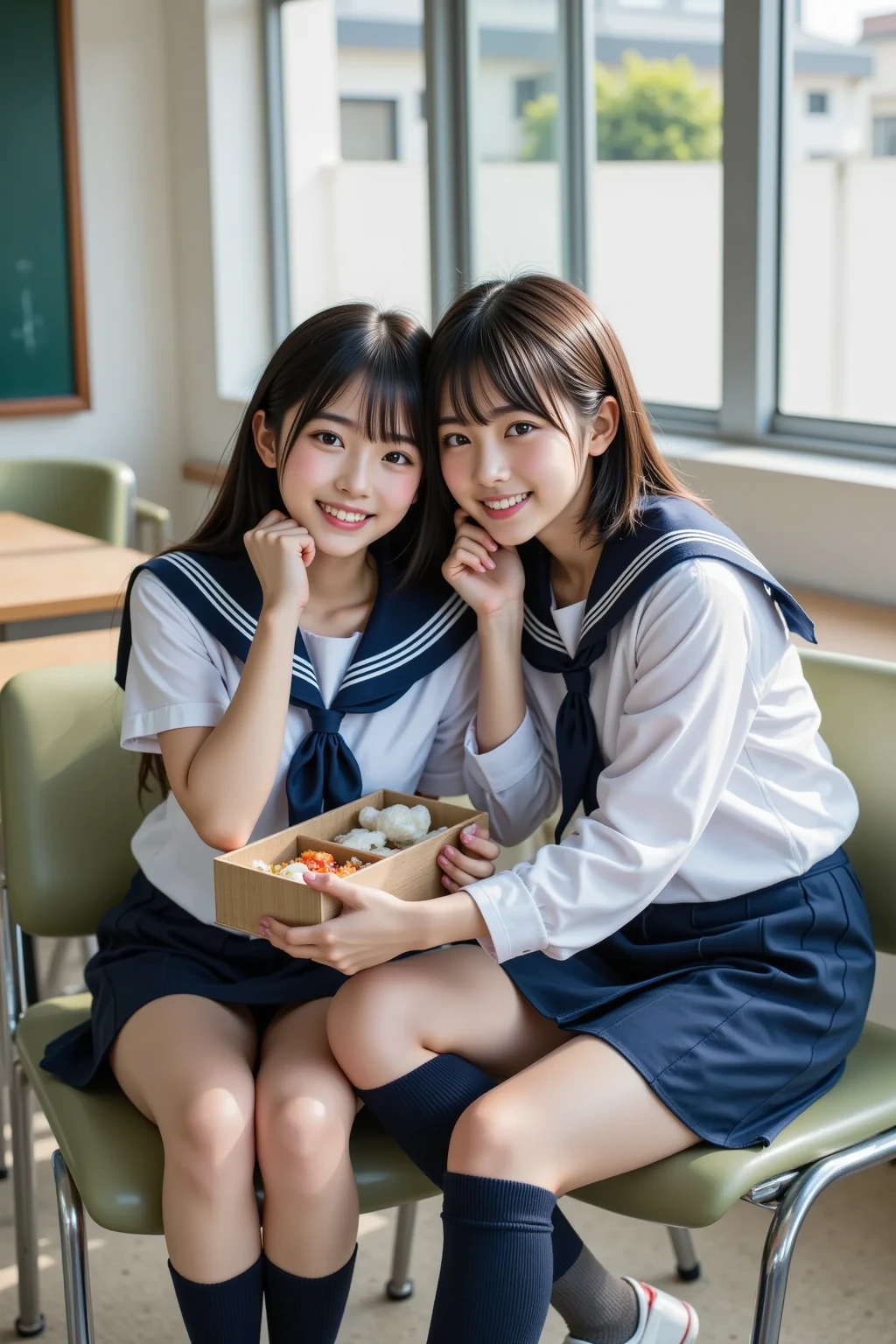 Identical twin sisters eating bread together、(masterpiece:1.5)、(highest quality:1.5)、(8k:1.3)、(RAW Photos:1.3)、(Realistic:1.3)、(Very detailed:1.3)、(Ultra-high resolution:1.3)、(Very detailed and beautiful face:1.2)、(Very detailedで明るい肌:1.2)、(Very fine and beautiful double eyelids:1.2)、(Shining Eyes:1.2)、Beautiful light from the window、In the school classroom、(The most beautiful woman:1.2)、20-year-old、(Beautiful black medium straight hair)、(Beautiful eyeliner)、(eye shadow)、Natural color lip、(compensate)、Beautiful fingers、(White long sleeve shirt for school:1.2)、The chest size is medium、The best smile、(Sit on a chair:1.2)、(Eating a sandwich:1.3)、(Surrounded by schoolboys:1.2)、Look forward、(View from above)、(Upward glance)