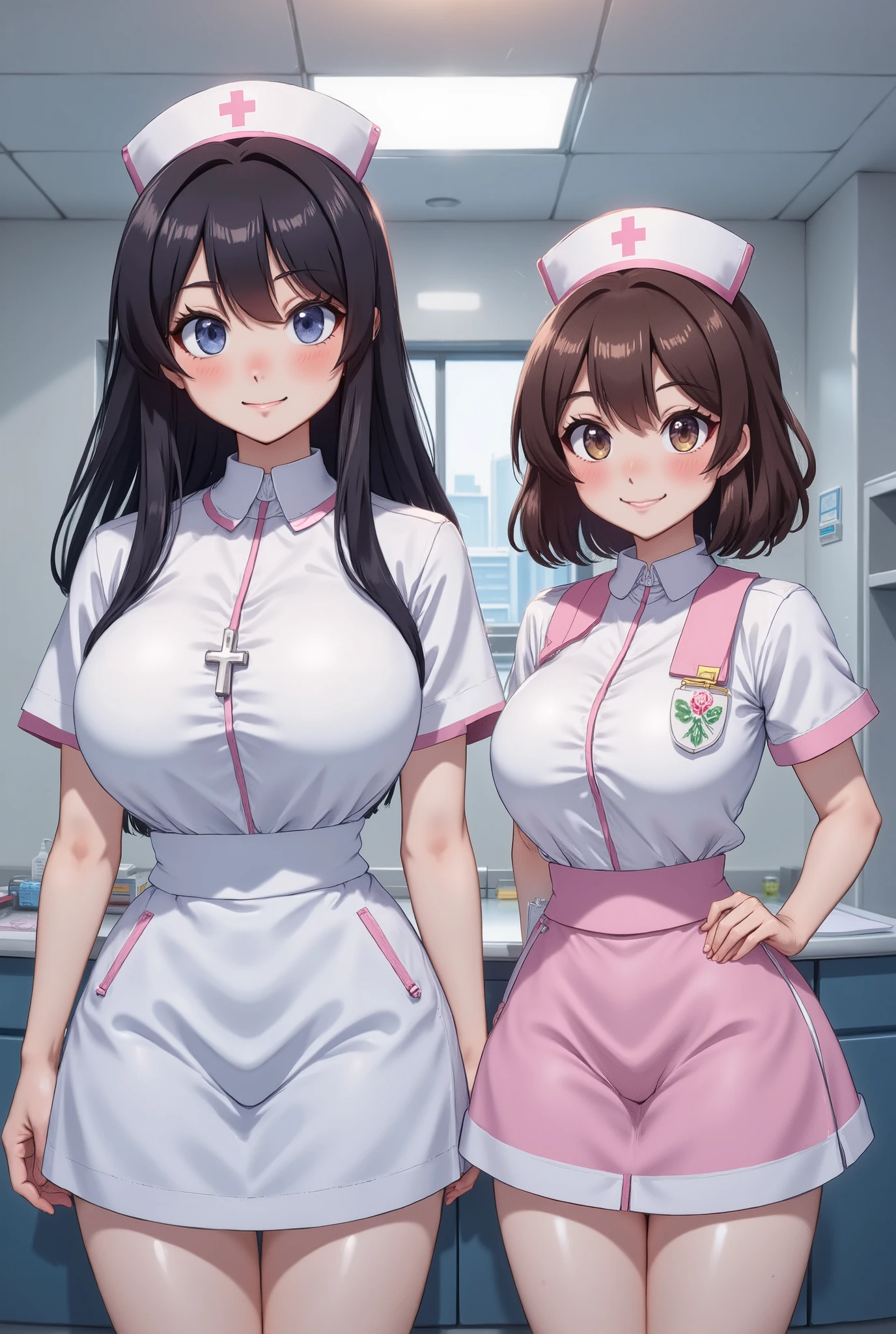 nurse,Large Breasts,smile,Three women standing side by side,
