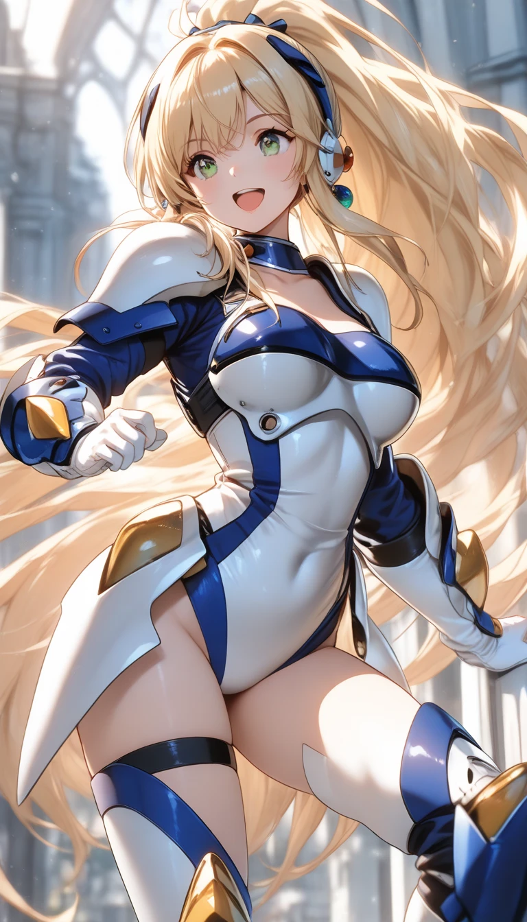 Masterpiece: 1.2, best quality, realistic, (real image, intricate details, depth of field), beautiful blonde woman, she has stunning blue eyes, highly detailed, perfect face, (huge breasts: 1.3), (skin dentition), thick thighs, wide hips, small waist, tall, (huge ass: 1.1), blushing, sexy, nijistyle, bodybuilding, fantasy white superhero suit with magical aura