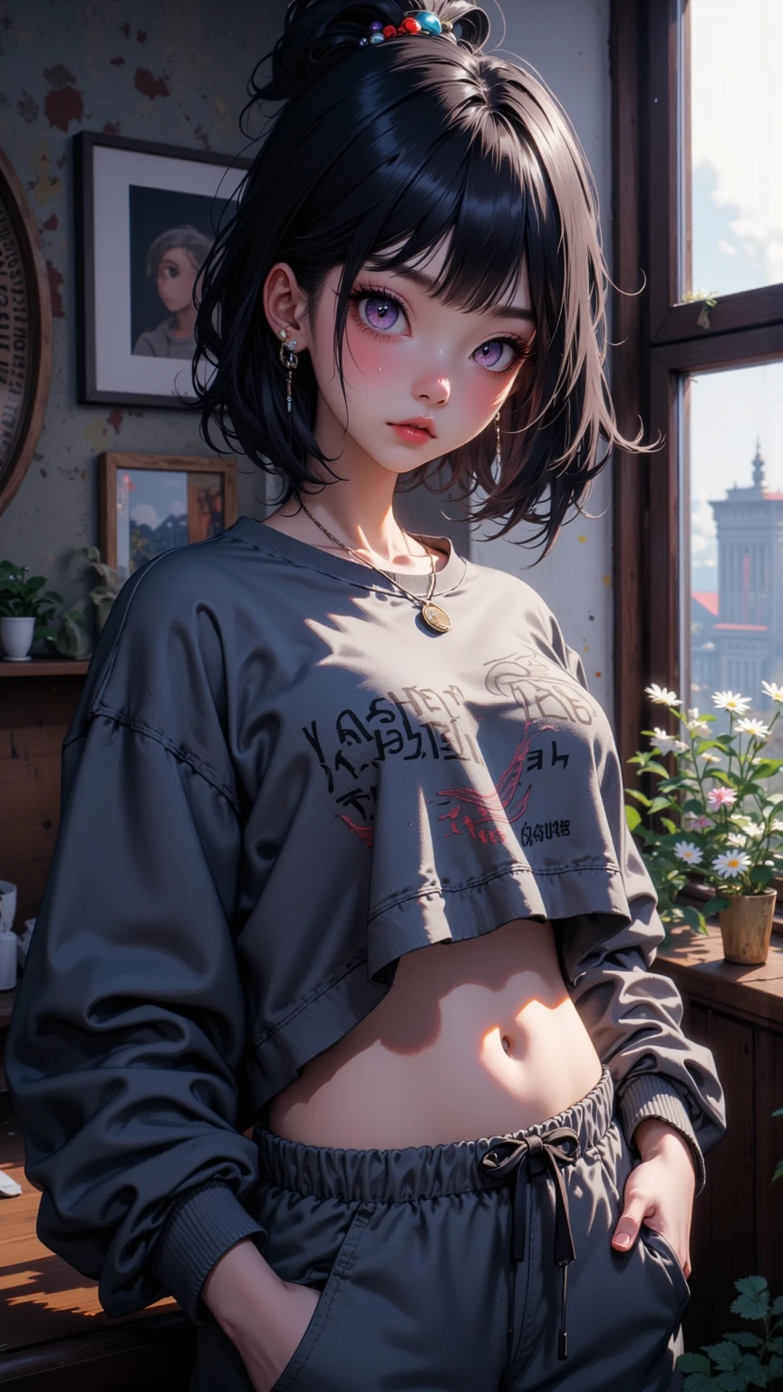 a girl who is making a silly face is looking left with the pink room in the background, 1girl, solo, jewelry, belt, black hair, earrings, necklace