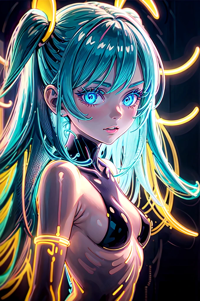 neon_outlines, close up, classy woman in a long evening dress, upscale gala event   beautiful girl angel, blue hair neon_outlines,close up,