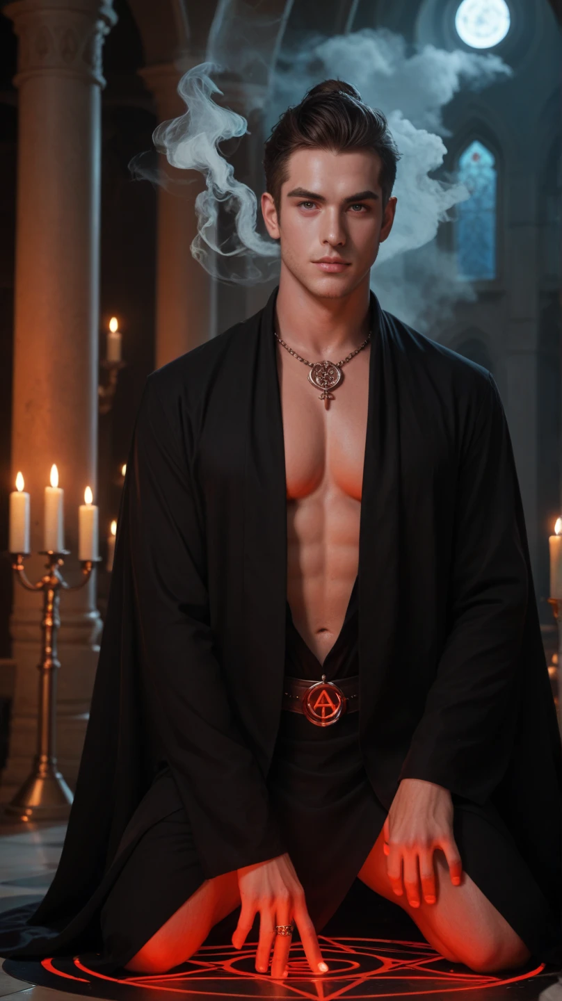 hot man, (red eyes:1.5), pectorals, abs, chest hair, realistic photo, open clothes, black robe, pointy ears, gold trim, (sexually suggestive:1.2), medieval, bard, RPG character, night, dark, night sky, stone, stained glass, looking at viewer, close-up,
