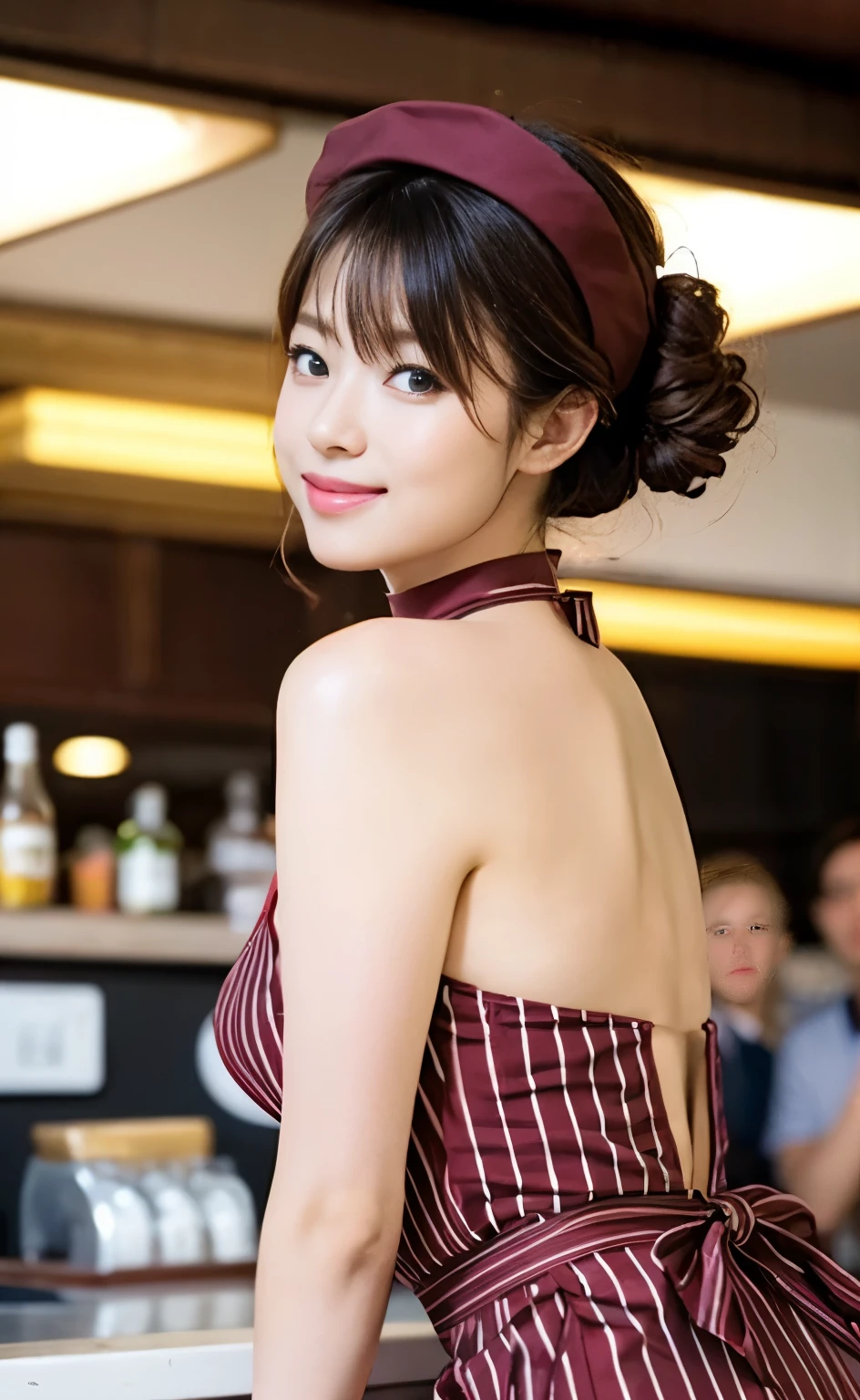 (((完璧な解剖学に基づいた四肢の詳細な描写による余分な腕の無いPerfect hands足とbody))),4K shooting captures the essence of movement,(Glossy white skin:1.5),Realistic and photo-realistic photos,(masterpiece:1.5),Concept Art,Intricate details,Highly detailed and realistic,Octane Rendering,4K,Real Engine,A pleasing pose with head tilted, shoulders shrugged and smiling, Highest quality,High resolution,(Realistic Face:1.1),(Elegant Manners:1.1), ((full_body)),Expressing the beauty that emanates from the whole body,Slim and muscular body,(Glowing Skin:1.2),(((One-leg, body-conscious sleeveless one-piece dress))),(((Perfect hands))),(Highly detailed background),((Calm atmosphere)),((A seductive adult woman stands at the counter of a long-established bar, serving customers, her hands on the counter and staring intently at the customers.)),4K shot of hips up from the side while standing,(((The interior of the store is very dim.,Creates a mature atmosphere,A small downlight softly illuminates only the counter.))),((Amazing beauty condensed into one woman)),((Beautiful eyes full of light,High quality eyes,High quality face)),(((god々しいギリシャgod話に出てきそうなサテン生地の単色のピタピタカクテルワンピースドレス))),(Necklaces and earrings go well with bangles and stiletto heels.),(((There are many expensive looking bottles of alcohol lined up on the high shelves behind the bartender.))),(Delicious looking water split),Her long chestnut-colored hair sways with her movements.,((Dramatic beauty)),Beautiful bokeh with deep depth of field,4K,Gothic,4K Digital SLR Camera,Fujifilm XT3 Style,(Saiharu Body),(Delicate eyes and face),Professional perspective,Amazing details,Beauty condensed into one girl,繊細でHigh noseを持つ美しい顔,High nose, Clear sky-blue eyes that praise the light, Glossy Red Lips, light makeup,