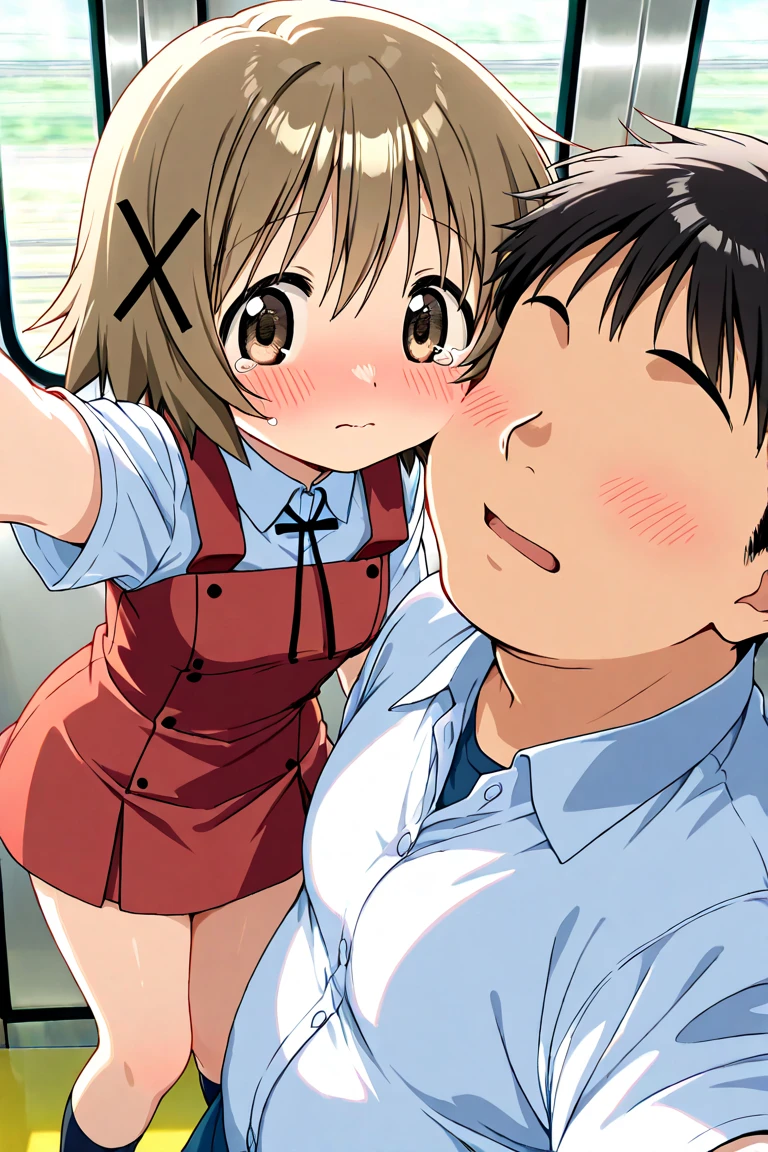 (girl is filming by ugly man with camera from side:1.2),(in the train),school girl,(breast sucking ),( large breasts,leaning forward,girl is on top,gangbang,(on the train seat), apron, ,bra lift, mini skirt, open shirt , pulled bra, blush,surprised,nipples , arms behind back, fellatio, cum on breasts,cum in pussy, cum inouth),( lying ugly old man is sex ,rape , anal sex from behind),( ugly man is grabbing breasts from front:1.3) ,slim, short hair, wave hair, single braided bun, brown hair, large breasts