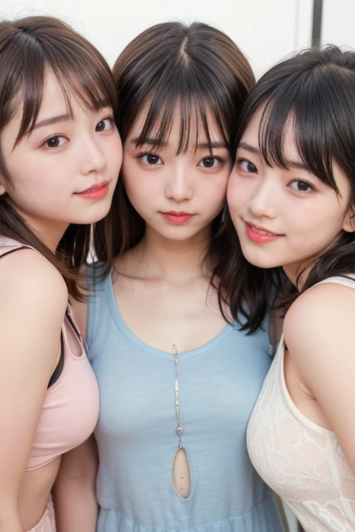 masterpiece, Better Quality, High resolution, ((Photorealistic:1.4, Raw photo, 超High resolution,Best image quality: 1.4)), ((Do not split)),((Completely naked)), Beautiful attention to detail, Natural color lip, ((Random and cute curly hair)), ((大から中までのランダムなProudlyのサイズ:1.3)), ,((Proudly、Arm under glasses:0.9)), ((Random and cute expressions)),, ((Three Girls、Three people standing side by side:1.5)) Highly detailed and professional lighting、 ((Random and cute expressions:1.5))、