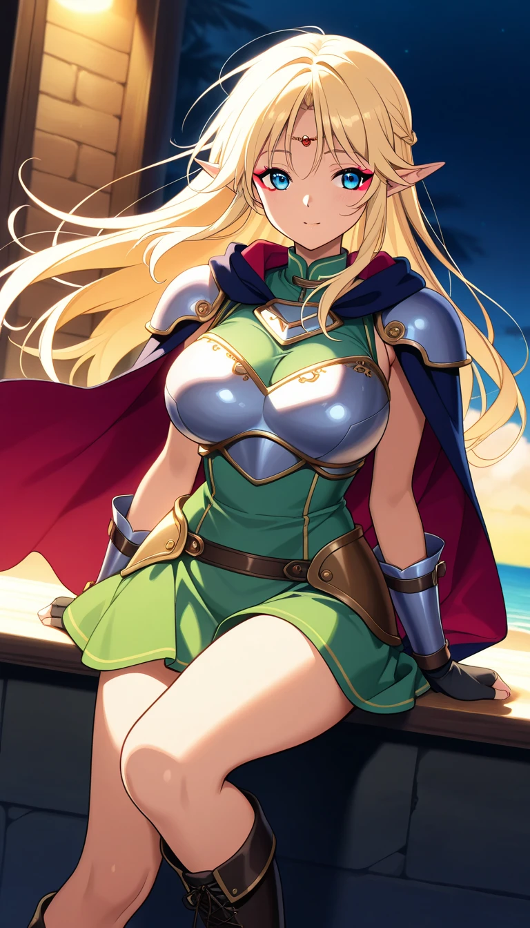 score_9, score_8_up, score_7_up,,BREAK source_anime,from side,behind view,,mediumshot,standing,legs apart,(arms in sides),looking at viewer, 1girl, celes chere, final fantasy.blonde hair, blue eyes, green leotard, headband, shoulder armor,large breasts,cleavage,pointy breasts,, white cape, vambraces,bracer, very long hair, bangs, closed mouth,(tundere,,bulsh),outdoor,graceful posture,lean but curvy body, slender waist, round hips, highly detailed,anime style,vibrant, studio anime,masterpiece, best quality,best aestethic, absurdres,mid,cinematic lighting