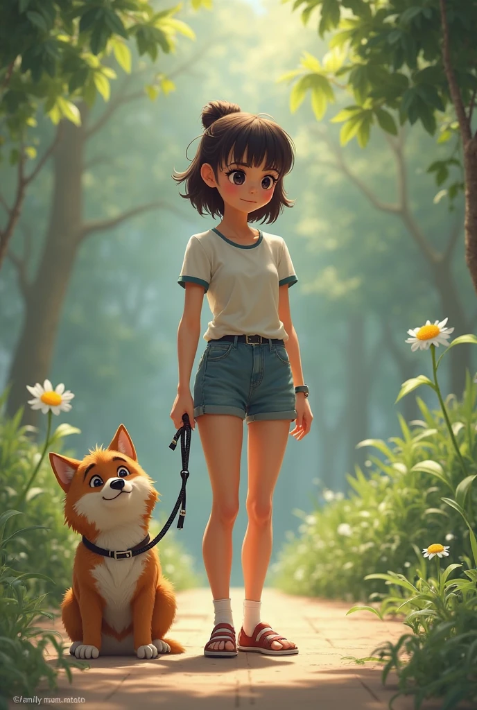 there is a walking a dog on a path, childrens art in artstation, adorable digital painting, atey ghailan 8 k, adventure hyper realistic render, small character. unreal engine 5, cute detailed digital art, by Leng Mei, wojtek fus, artwork in the style of guweiz, render naughty dog, by Zeng Jing