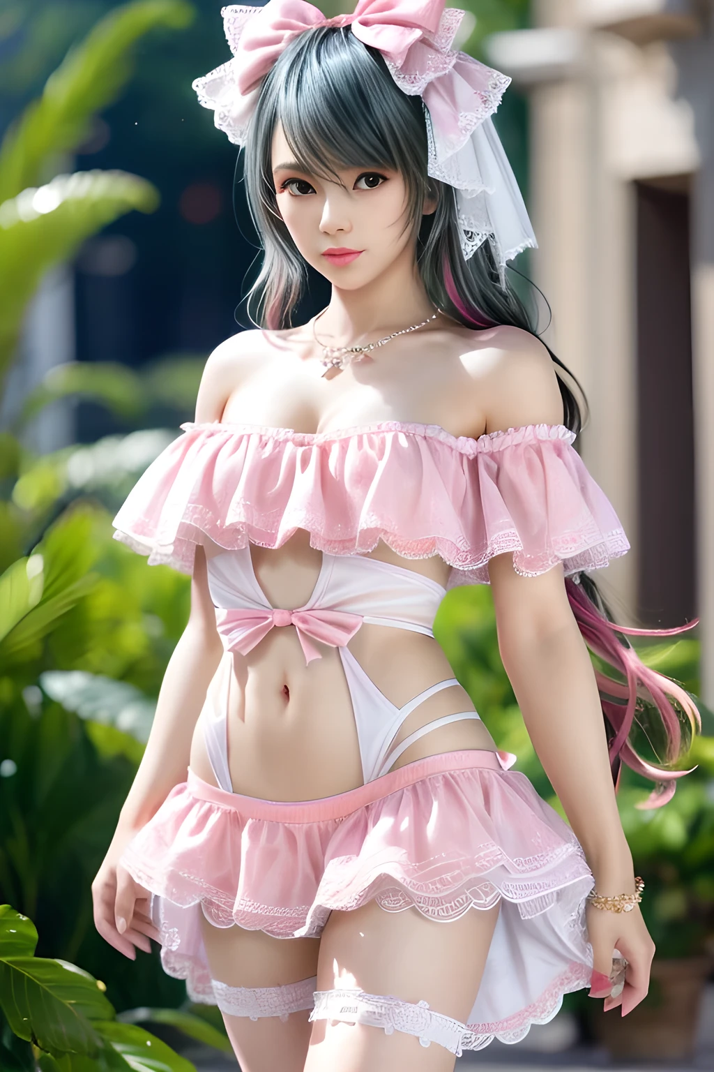 Beautiful girl, teenager, brunette, long hair, (See-through sheer tiny micro bra:1.3), (beautiful big breasts), (pink flower hair ornament), cartoon, Shortinho de Renda