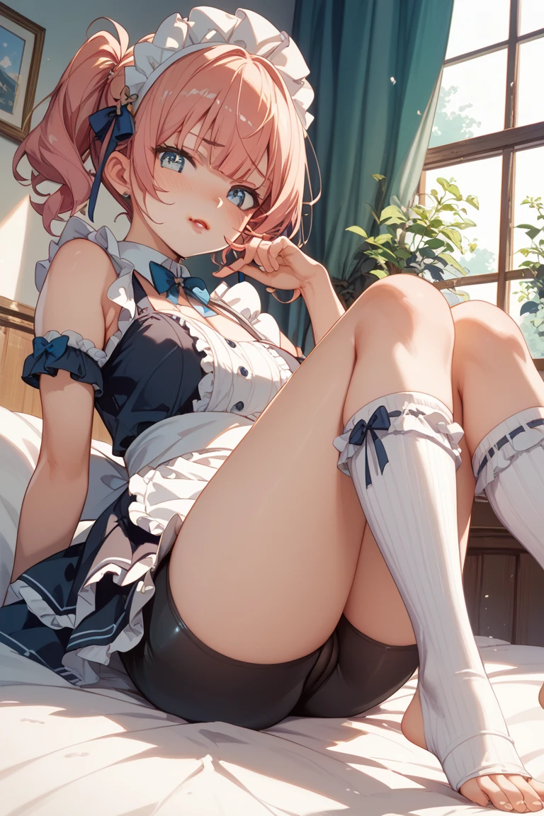 A beautiful lolita girl crawling on the bed looking back, anime girl, in the room, home interior, pastel pink lolita dress, short sleeves, a pair of short socks, choker with a bow, short white gloves, lolita shoes fashion, pink panties, dark brown hair, long wavy hair, two pigtails, swept bangs, hair ribbon, aqua eyes, bright eyes and pupils, pink lips, glossy lips, blush, earrings, big round breasts, thin waist, perfect arms, defined thighs, thin legs, looking at the viewer, flirty smile, shows her panties, I can see your panties, upskirt, masterpiece, high definition, natural light, high detail, anime, dithering, image fill, perspective, Wide-Angle, f/1.8, 85mm, Sony FE GM, 8k, 8k wallpaper, super detail, highly detailed CG, UHD, retina, masterpiece, accurate, anatomically correct, textured skin, highres, best quality:1.3, 16k