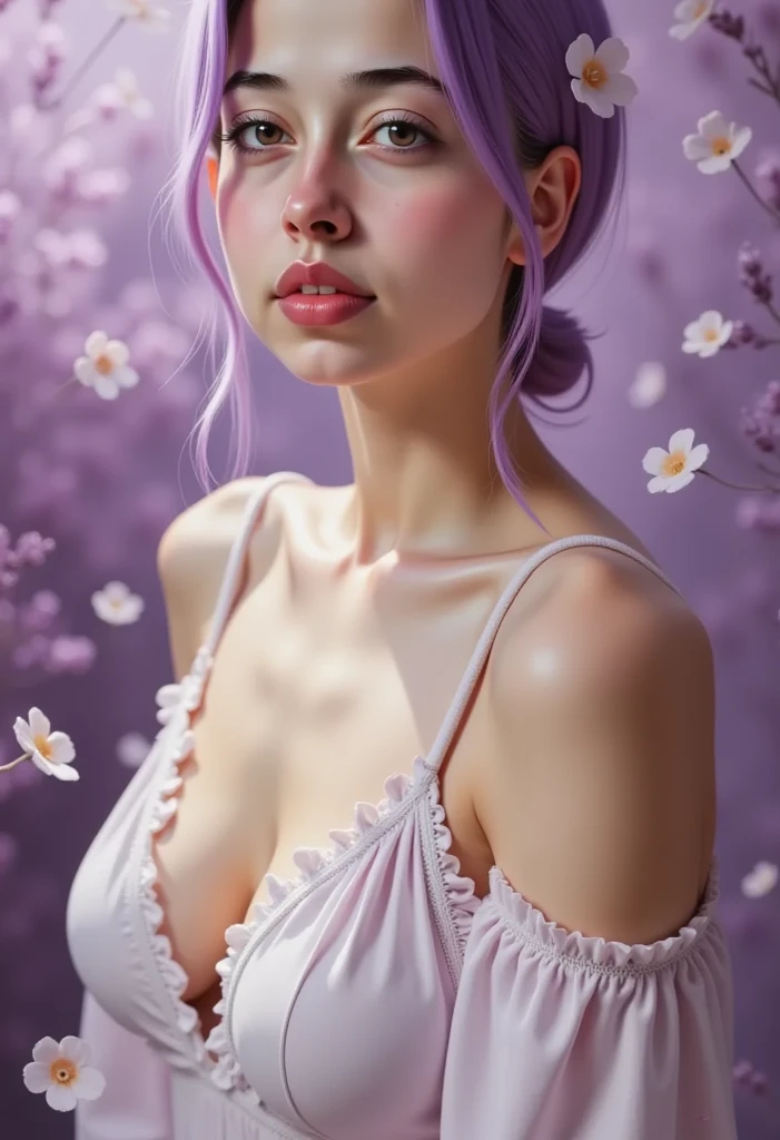 Top quality, RAW Photo, Highest Quality Image, 16K, Full body, Age 18 years old, Realistic, Photorealistic, Beautiful Asian Girls, Sexy, Perfect slender body, White pale skin, Beautiful hair, Wavy hair, Purple Hair,, Short hairstyle, Detailed face, Detailed body, Detailed skin, Double eyelids, Big eyes, long eyelashes, bright eyes, green eyes, natural lips, detailed lips, slender legs, thin waist , small hip, Naked, Pussy, Hairy, Pink nipples, Round shape breasts, detailed breasts, Beautiful breasts, Small Breasts, Perfect breasts, small thighs, posing in flowers field, pink tone light , soft light , smiling, light wind,