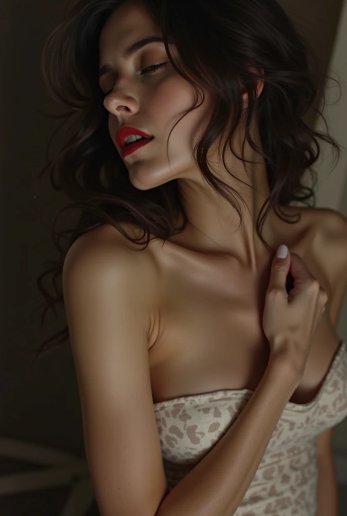 foto profissional de corpo inteiro, alto detalhe, pele realista. As the camera pans around the room, the magical bokeh of the lights creates a dreamlike atmosphere. No centro da sala, is a 45 year old MILF goddess, de corpo definido e seios grandes e redondos. your hair is red, your mouth is big with full lips, Your eyes are blue. She is wearing a diamond necklace and a pair of sparkling earrings with a low-cut dress drawing attention to her large breasts., adding a touch of mystery to its already intriguing presence. its intricate details adding to the overall cinematic feel of the scene.