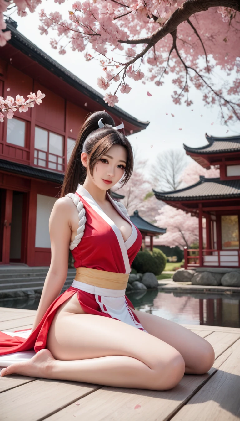 (((full body,big breasts,perfect hands,Finger details))),Under the cherry blossom trees in the spring breeze,The red fighting uniform worn by Mai Shiranui,The posture is sturdy and elegant。Her long hair is flowing with the wind,A few strands of hair caressing my cheeks,Adding a touch of softness to her resolute face。Her eyes were firm and deep,Seems to be able to discern the weaknesses of all opponents。 Her hands were clenched into fists,It seems to be simulating the movements of fighting.,Every movement is smooth and powerful,It's full of action。Her body rotates slightly with the changes in movements,As if in a fierce battle with an invisible opponent。 Petals falling from the surrounding cherry blossom trees,A sharp contrast to Mai Shiranui's red fighting uniform.,Adds a bit of a beautiful atmosphere。Petals flutter lightly in the air,As if applauding Mai Shiranui’s fighting skills。 整幅画面It's full of action与唯美,It not only shows the strength and tenacity of Mai Shiranui as a fighter,It also reflects her gentleness and tranquility under the cherry tree。This kind of picture makes people feel like they are in a world full of poetry and power.。