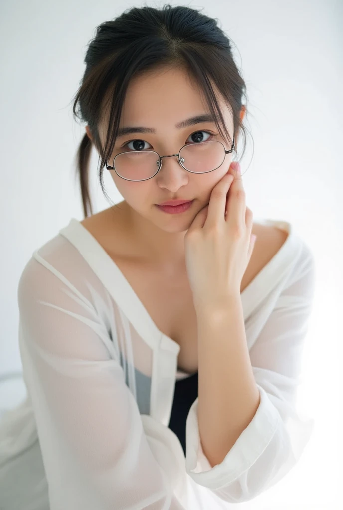 masutepiece, Best Quality, 1girl in, (a beauty girl, cosplayer:1.2), (16 years old:1.2), Very fine eye definition, (Symmetrical eyes:1.3), NSFW, (Onsen, , Hide your chest with a towel:1.3), Beautiful breasts, Brown eyes, Parted bangs, Brown hair, Upper teeth、eye glass、Glasses Pose、Full body like、The whole picture、beauty legs、cleavage of the breast