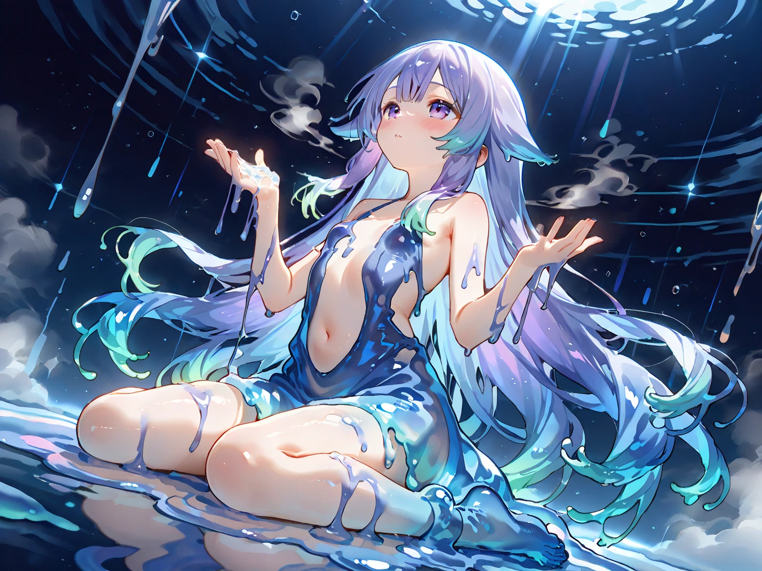 blue skin female girl pink head, red eyes, violet lips, very long braided, long body (Clothes off)(hairy), ((no bras) (no panty)), ((uncensored) (totally naked)), hairy pussy, arms raised, arched sexy pose, on light green marble floor, body covered by water drop, wink, stick out tongue, mischievous --auto --s2