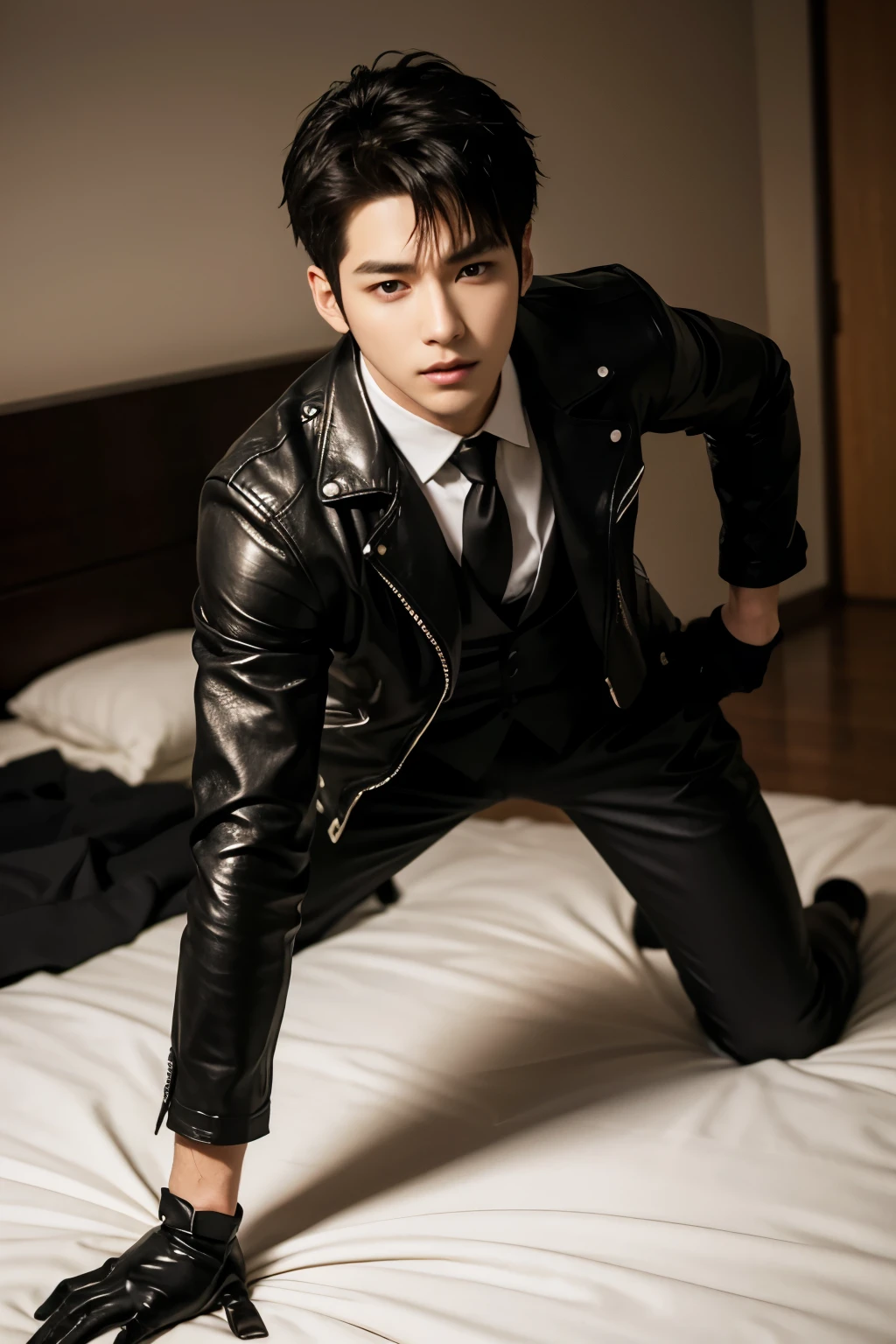 a slim muscular, Full body shot of a handsome K-pop male idol in leather jacket and tie and leather gloves. push up against the bed in bedroom. tempting.sexy.try to rape.realistic high quality .intricate detail face , ultra high res, uhd. Hyper-realism. a look of holding back pain.glare in one's eyes