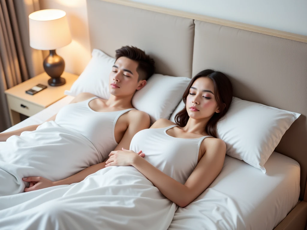 1 man and 1 woman lying flat on the bed,Show your shoulders,With eyes closed,Calm expression,Covered with a towel,Lie flat on your back on the bed,High top view,Full body image