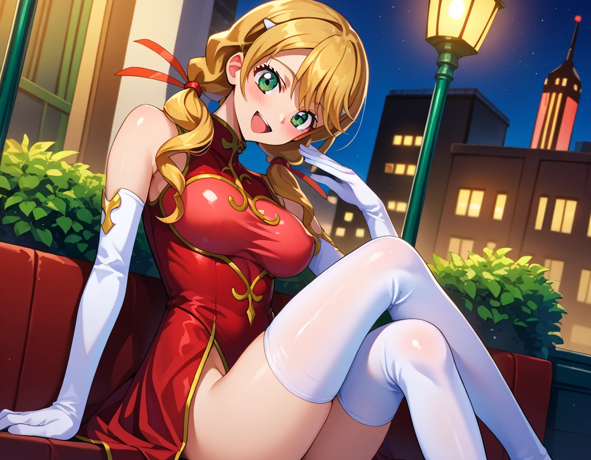 a anime style woman laying in a golden dress on a couch in front of a window, 1girl, breasts, solo, dress, gloves, thighhighs, china dress, elbow gloves, large breasts, jewelry, earrings, white thighhighs, chinese clothes, long hair, sitting, white gloves, blue dress, clothing cutout, cleavage cutout, looking at viewer, cleavage, spread legs, underwear, high heels,Ichigo Hoshimiya (Aikatsu!),