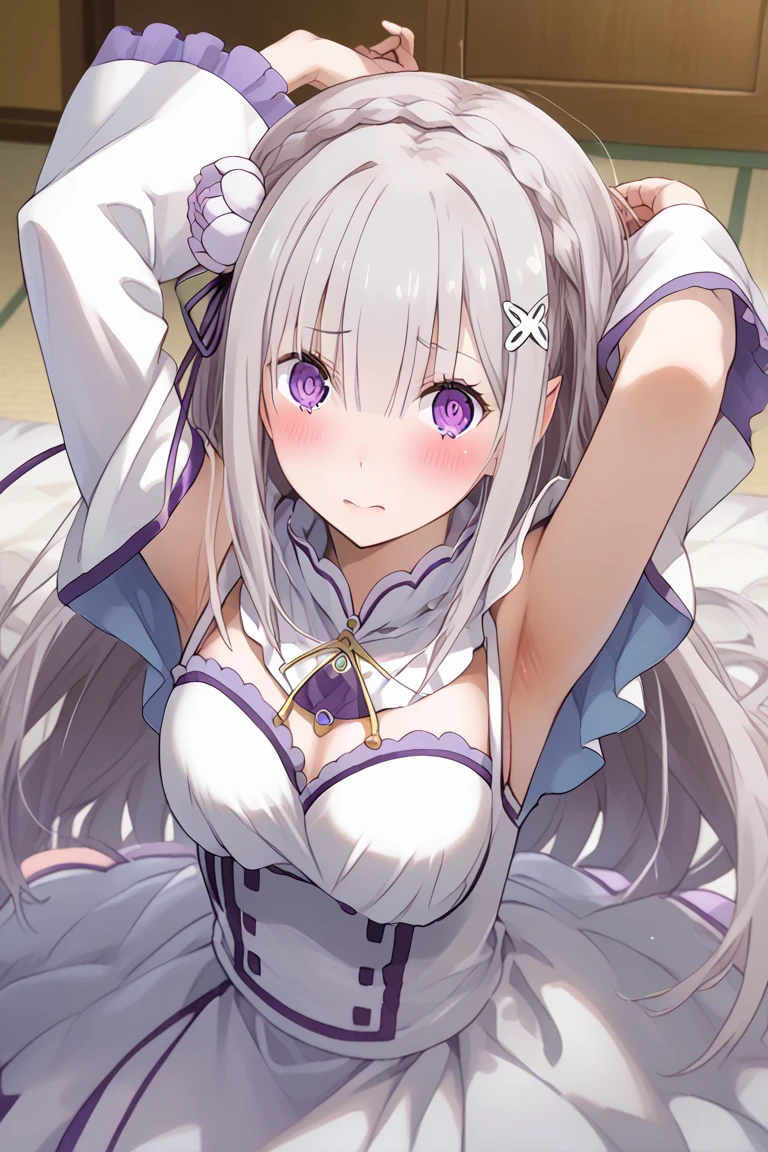 score_9, score_8_up, score_7_up, source_anime,
BREAK
1girl, solo,
<lora:shiEmiliaV2:1> shimilia, long hair, grey hair, purple eyes, pointy ears, crown braid, hair flower, hair ribbon, purple ribbon, x hair ornament, white dress, cleavage, bare shoulders, wide sleeves, white thighhighs, thigh boots,
<lora:shiMirrorGlassV1:1>, shibroglass, broken glass, 
looking at viewer, open mouth, smile,  
mirror, reflection,